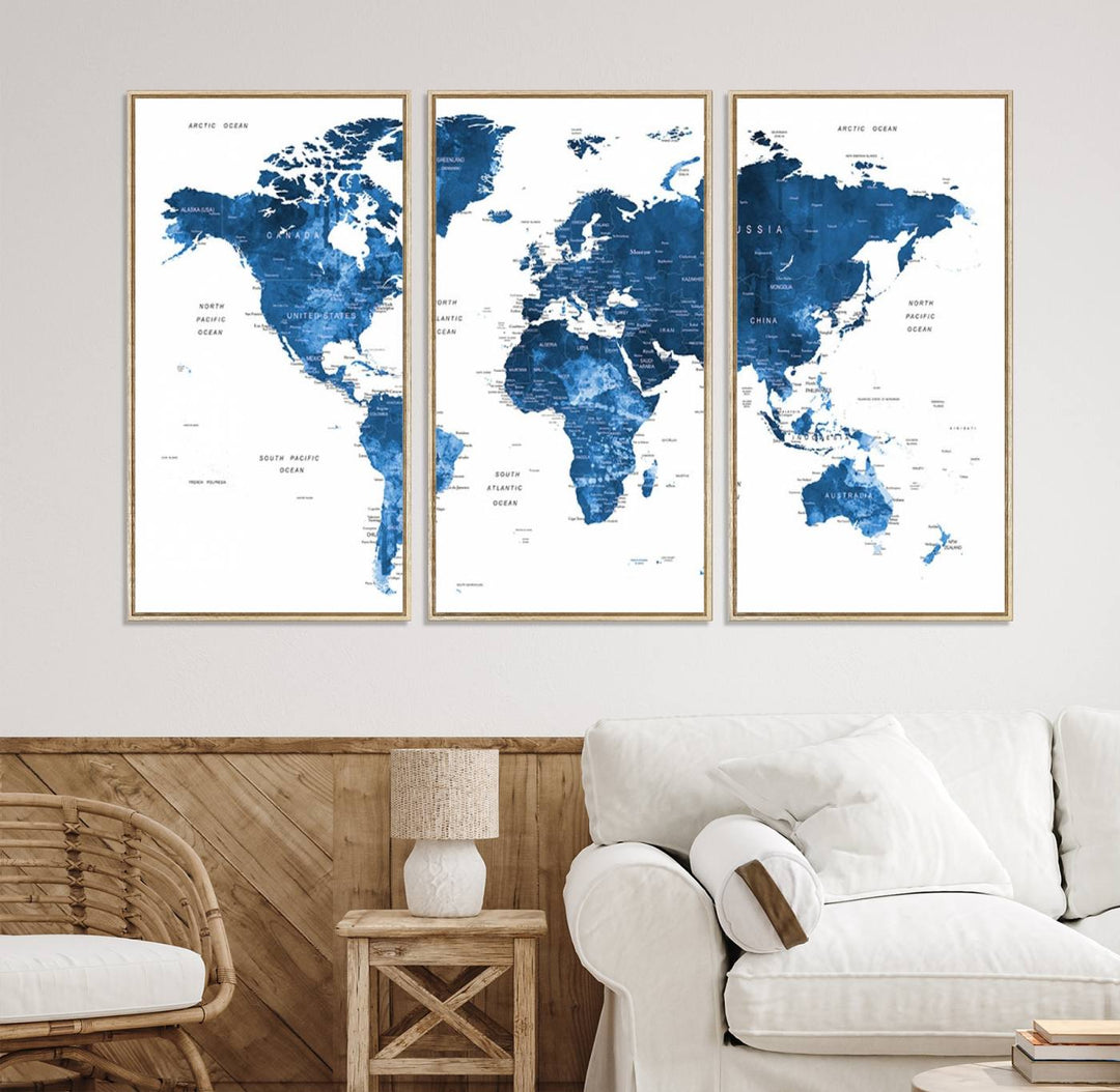 Navy Blue Wall Art World Map Canvas Print, an ideal piece for anyone seeking unique home or office decor.