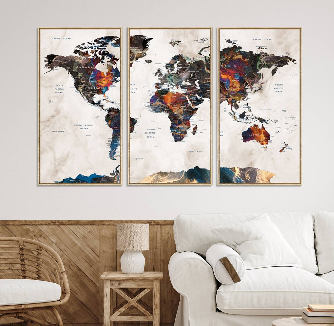 Watercolor World Map Canvas Print in earthy hues with a grunge background, ideal for wall decor.