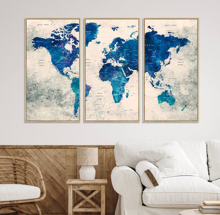 Navy Blue Push Pin World Map Canvas Print featuring a grunge-stained background, with labeled countries and oceans.