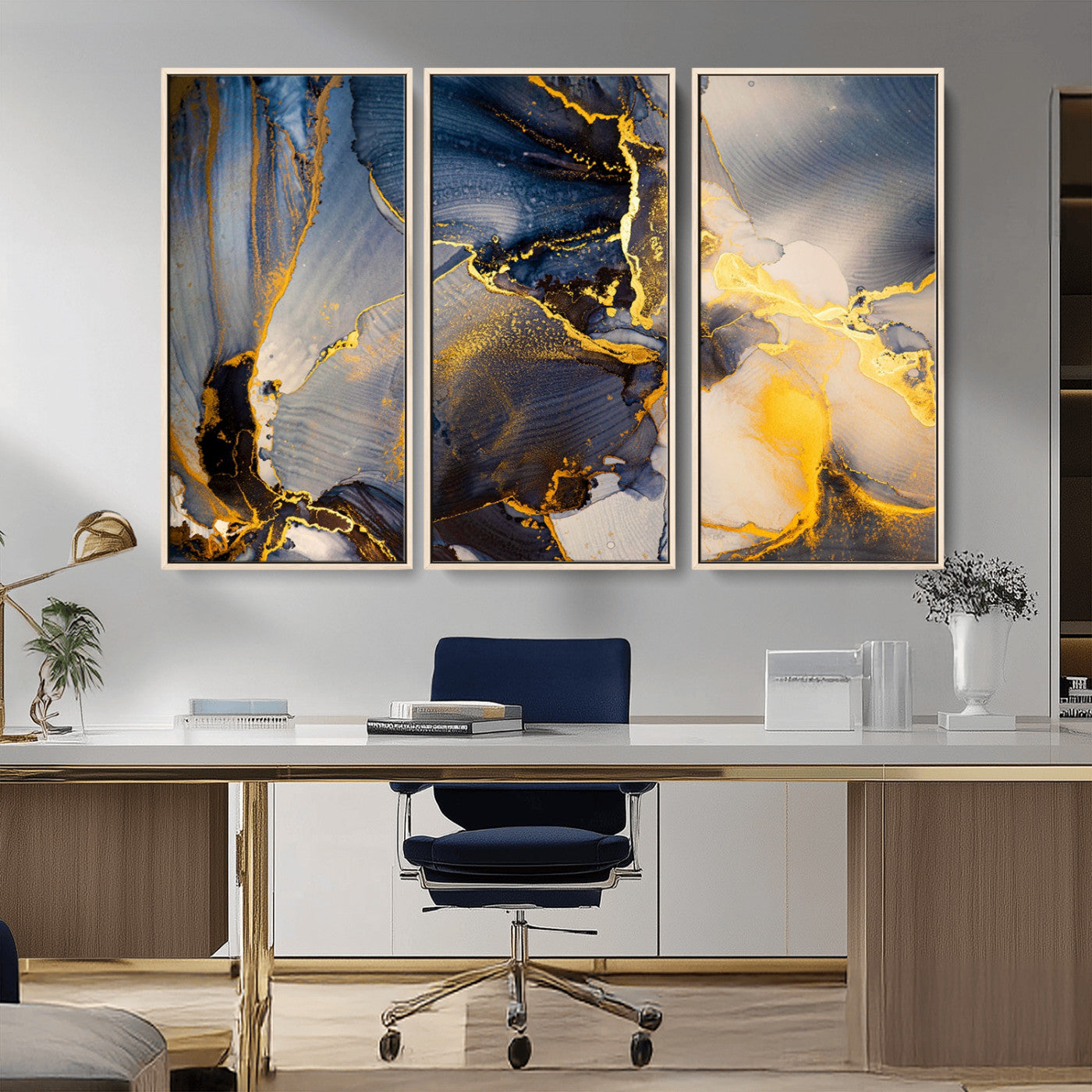 42100-MGV-CV-36X24-Large Abstract Wall Art Print - Gold and Blue Abstract Canvas Wall Art | Fluid Ink Modern Luxury Wall Decor for Living Room Decor