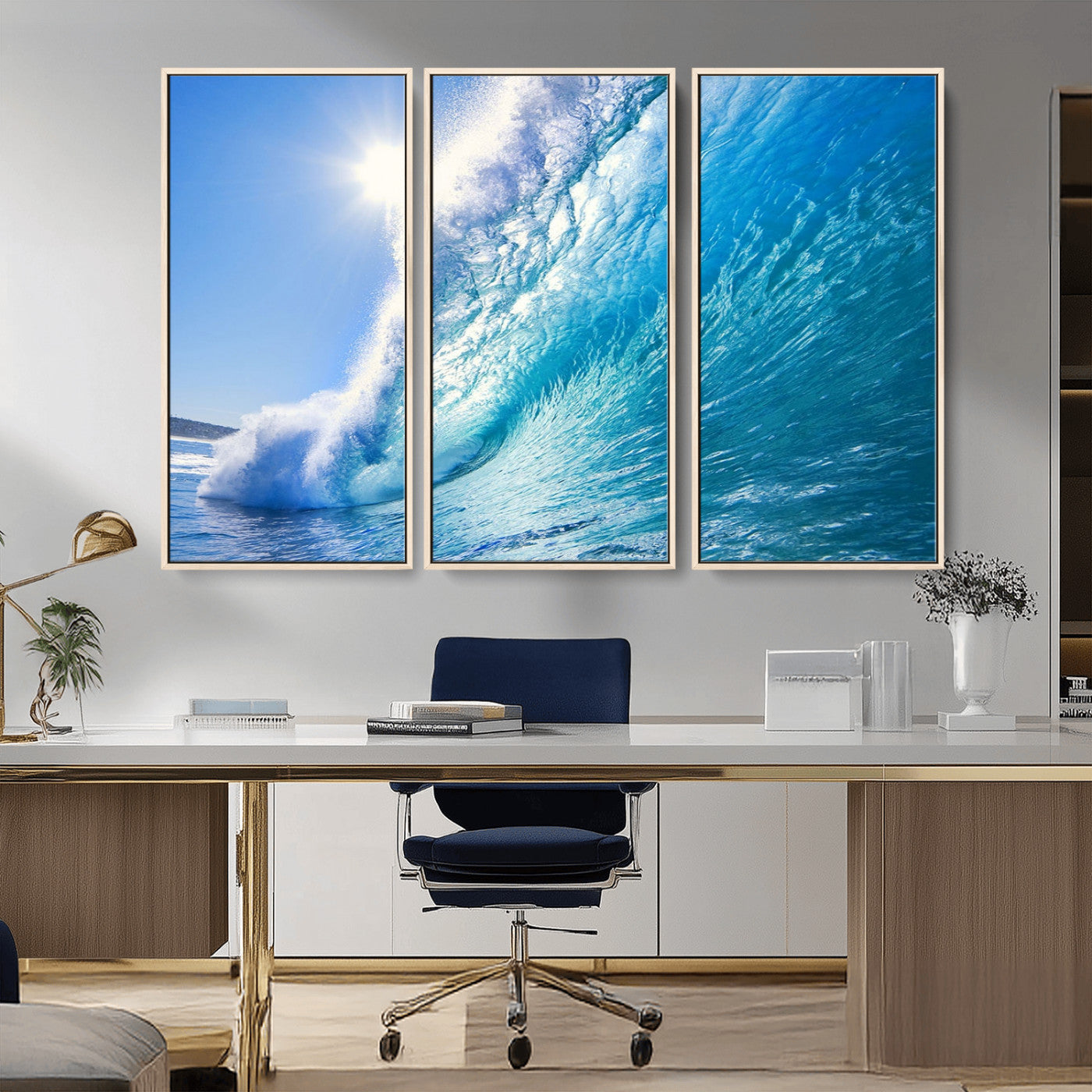 MGV-FC-48X32-3P - Blue Big Wave Surfing Ocean Canvas Wall Art Artwork Print , Surf Wall Art, Sea Wall Art