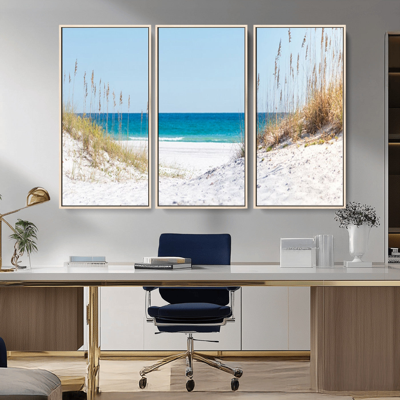 MGV-FC-48X32-3P - Serene Coastal Dune Path with Ocean View, 3-Panel Beach Canvas Wall Art, Tranquil Seascape Giclee Print, Gallery Wrap, Perfect for Coastal Home Decor