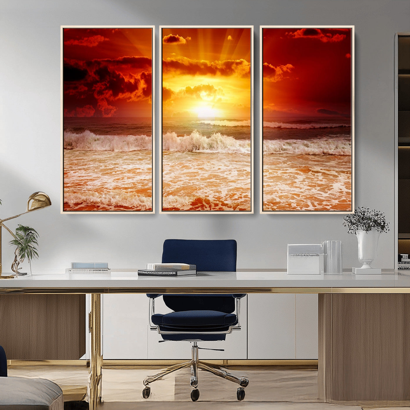 MGV-FC-48X32-3P - Red Sunset Ocean Beach Canvas Wall Art Beach Canvas, Coastal Sunset Print