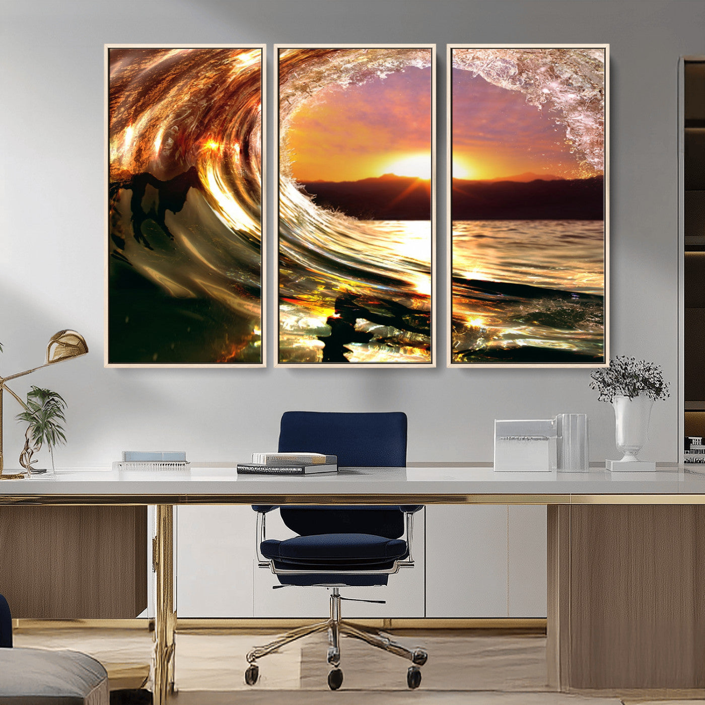 MGV-FC-48X32-3P - Golden Wave Sunset Triptych Canvas Art, Giclee Canvas Print of Ocean Wave and Sunset, Framed Ocean