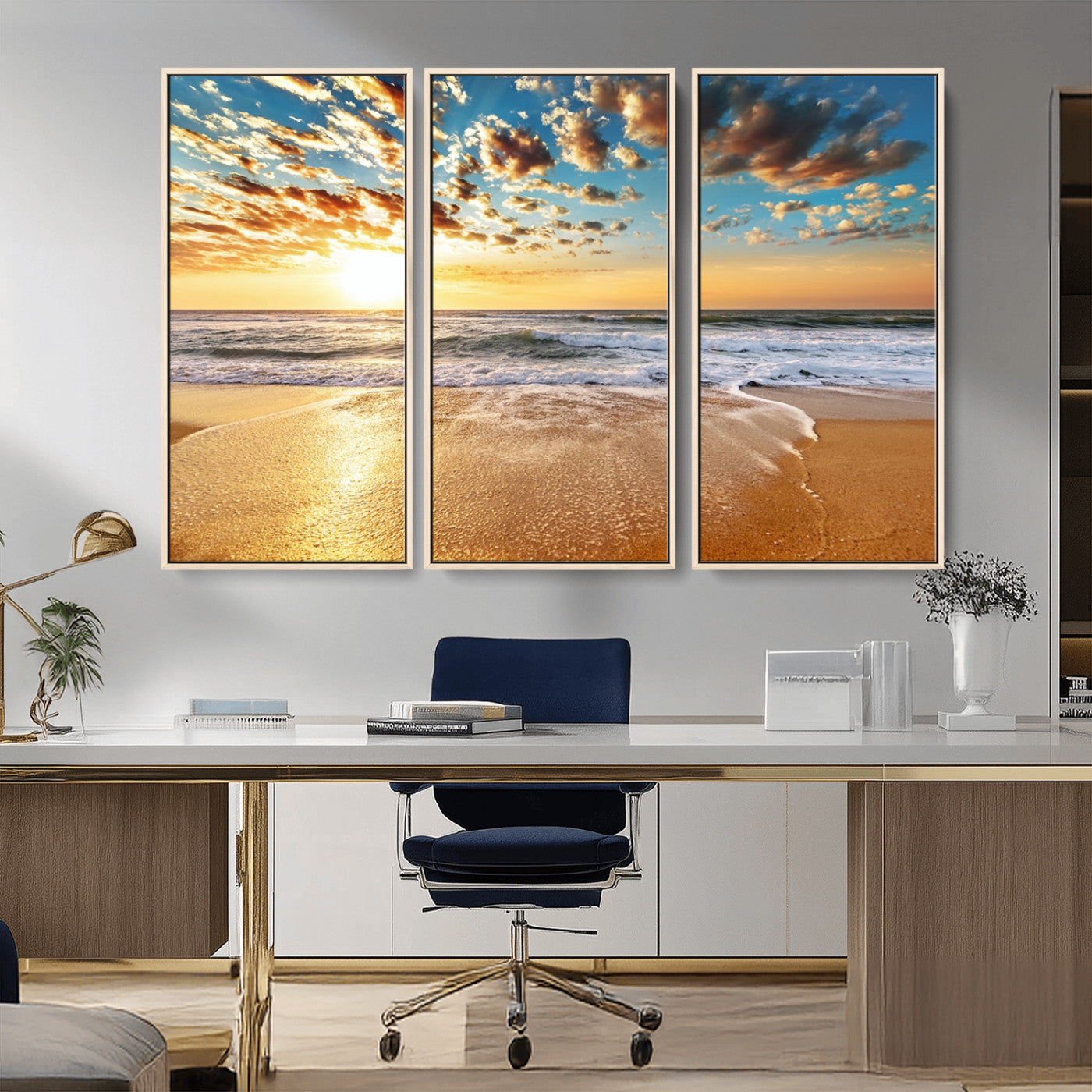 MGV-FC-48X32-3P - Golden Sunset Beach Print Canvas Wall Art, Giclee Canvas Print with Canon Print Quality, Triptych