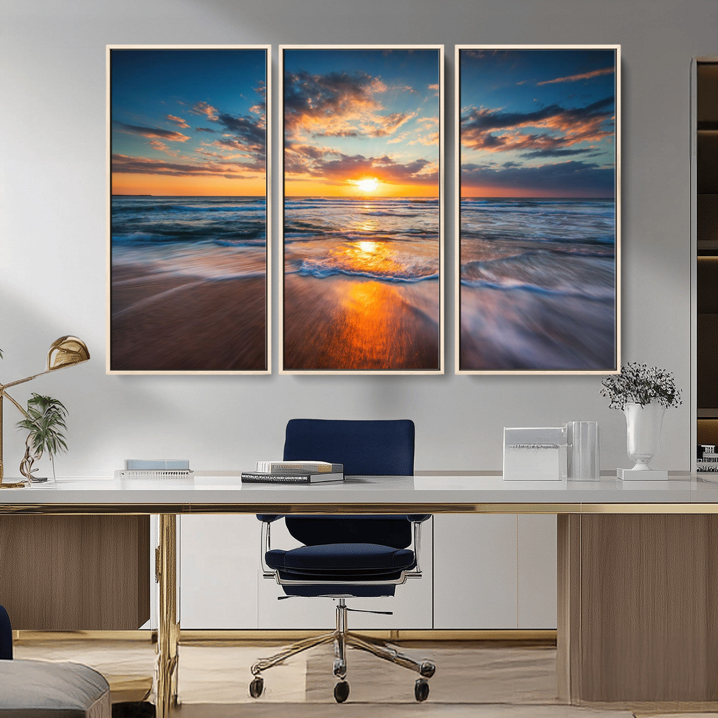 MGV-FC-48X32-3P - Sunset on the Ocean Beach with Waves, Reflections on Sand, Coastal Wall Art Print, Beach Wall Art,