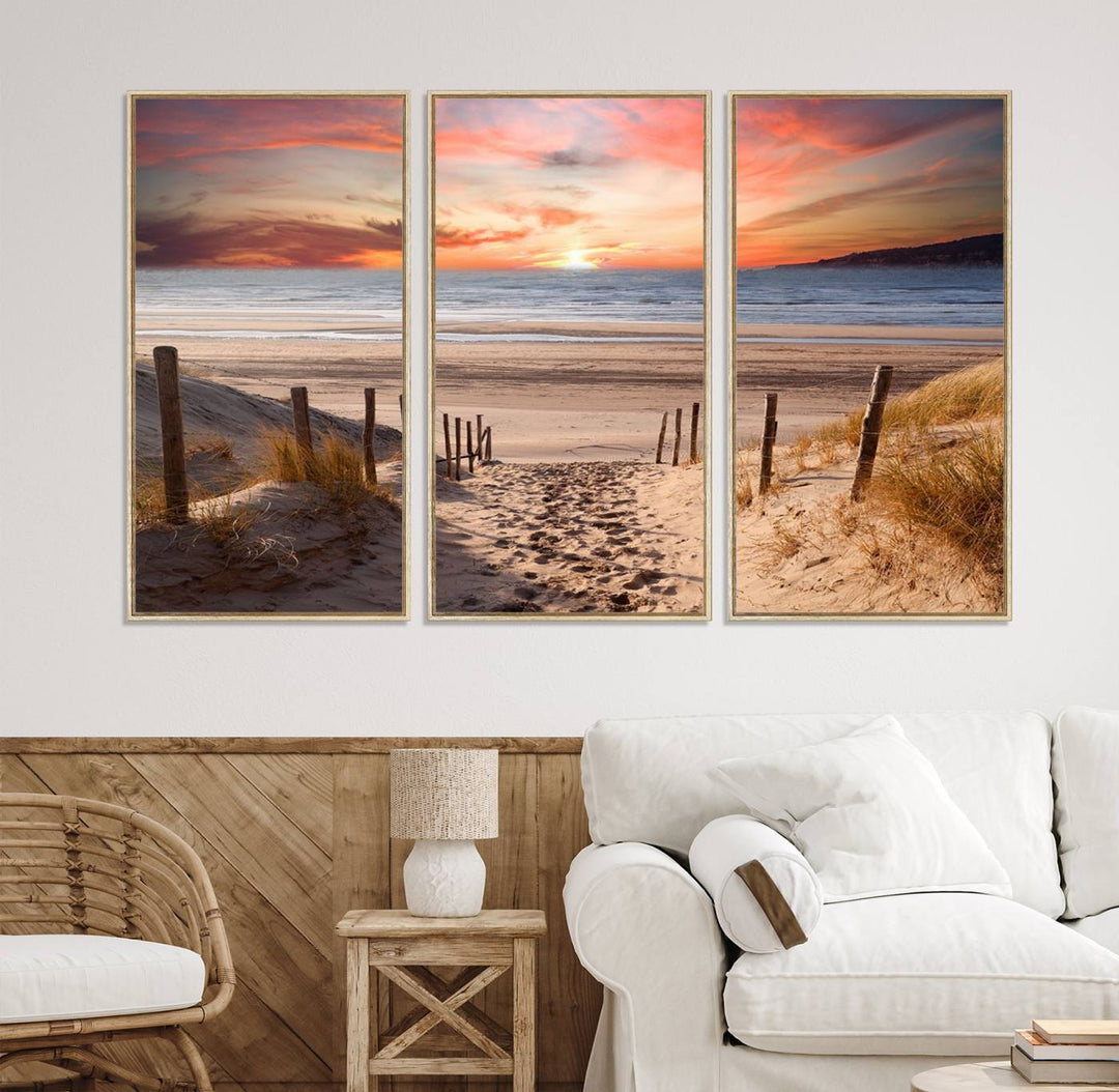 The Sunset on the Sea Wall Art Canvas Print beautifully captures a beach sunset and waves, enhanced with a UV-protective coating.