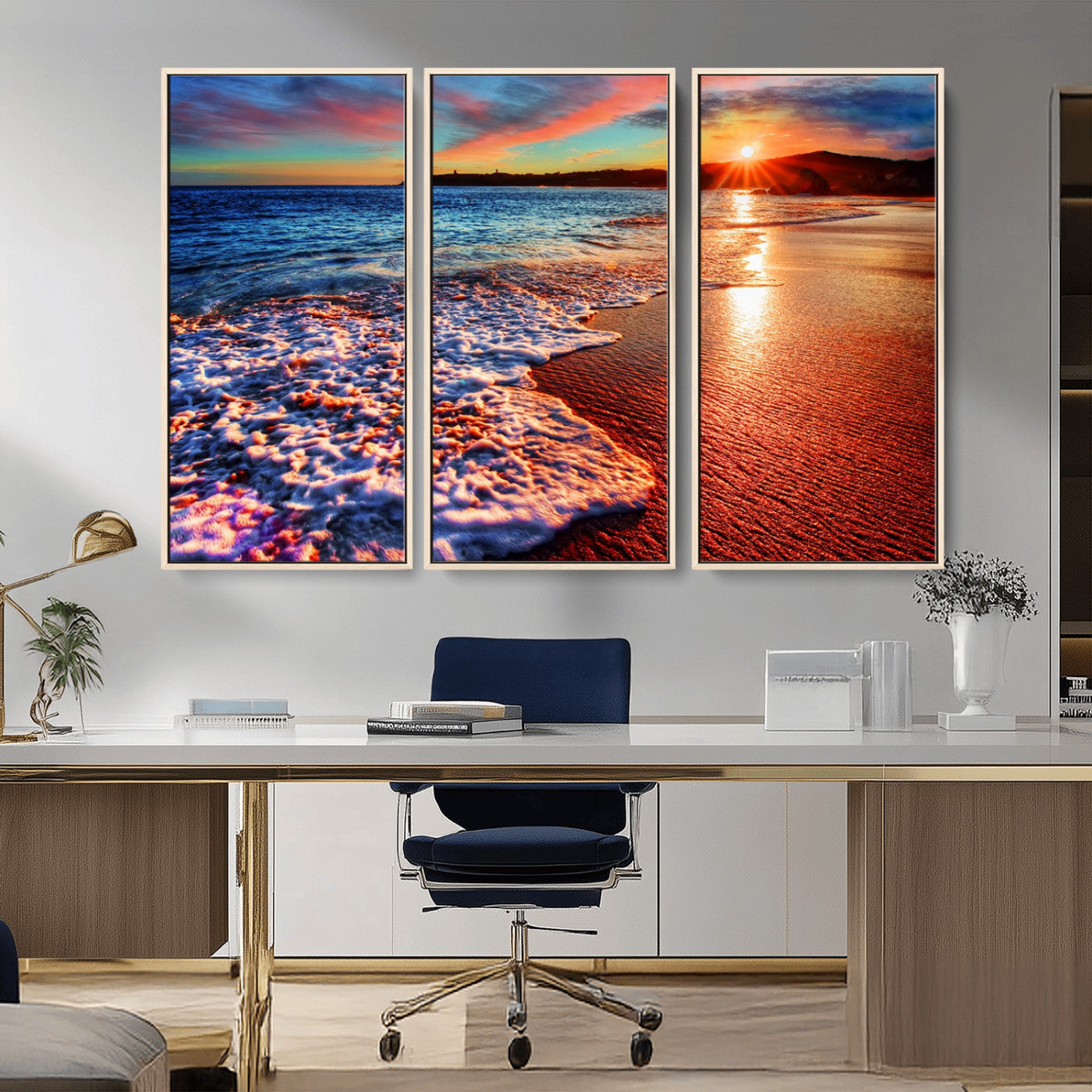 MGV-FC-48X32-3P - Colorful Coastal Sunset on the Beach Canvas Print, Ocean Waves Crashing at Dusk, Multi-Panel Seascape Vibrant Coastal Wall Art Canvas Print