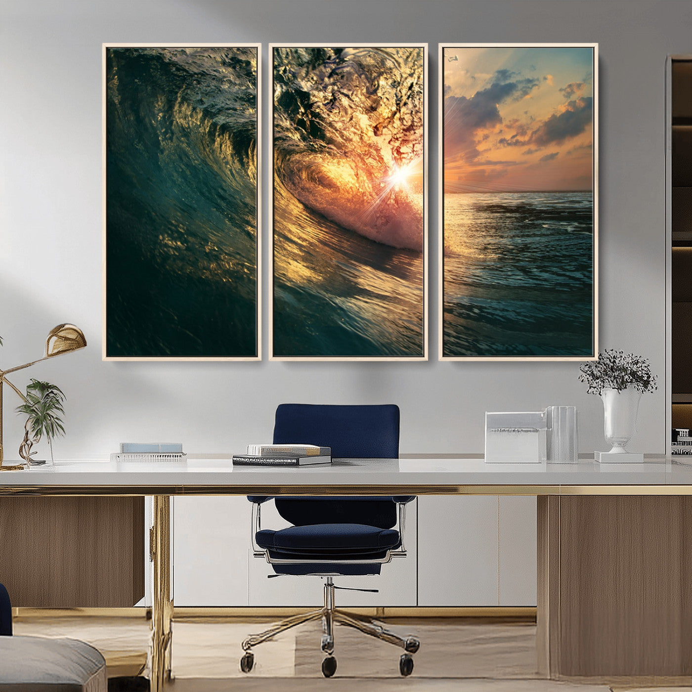 MGV-FC-48X32-3P - Ocean Wave Sunset Canvas Wall Art – Triptych Seascape Print – Framed and Ready to Hang for Living Room or Office