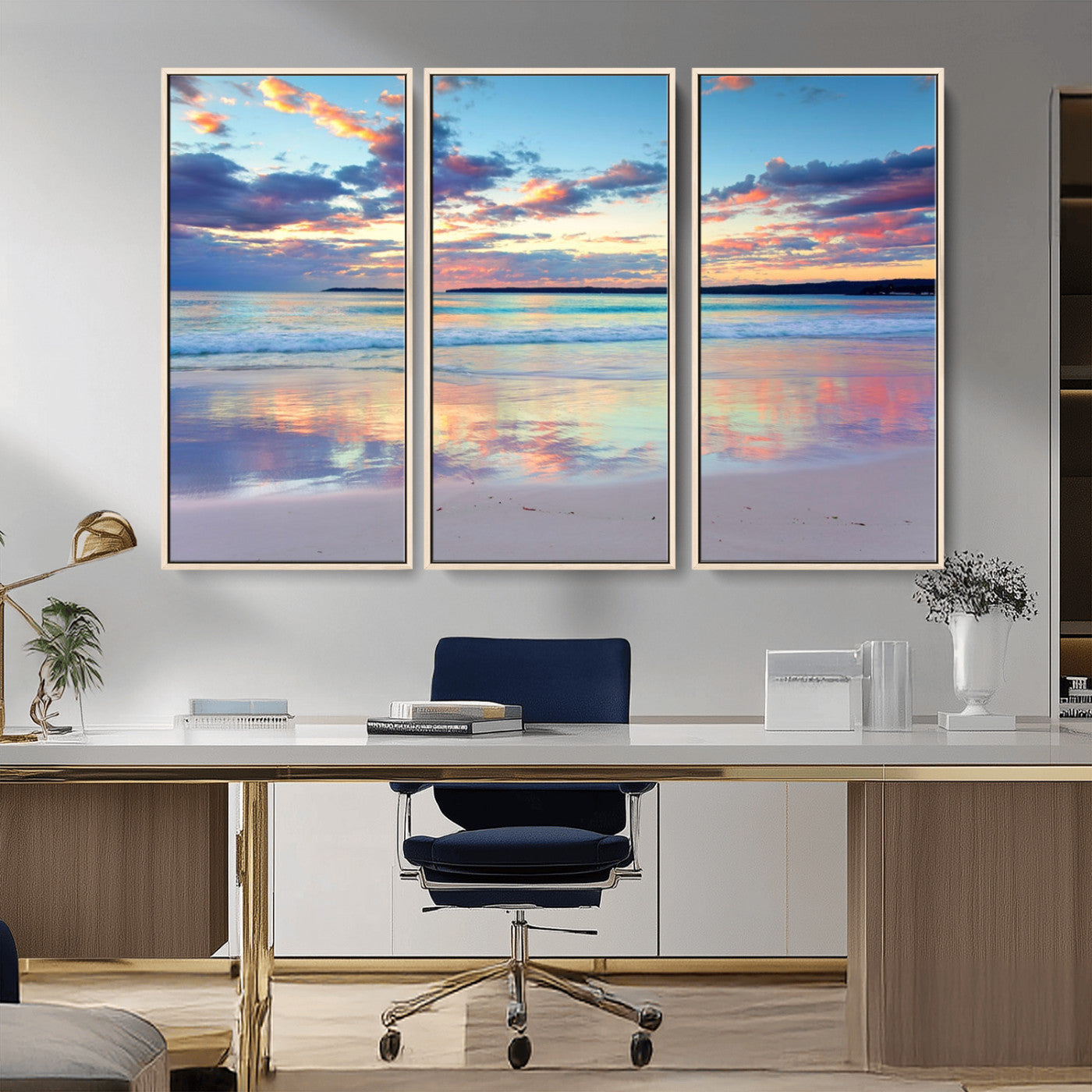 MGV-FC-48X32-3P - Tranquil Pastel Sunset Beach Triptych Canvas Art, Soothing Coastal Ocean Shoreline Giclee Print, Beach Reflections Wall Decor for Serene Spaces