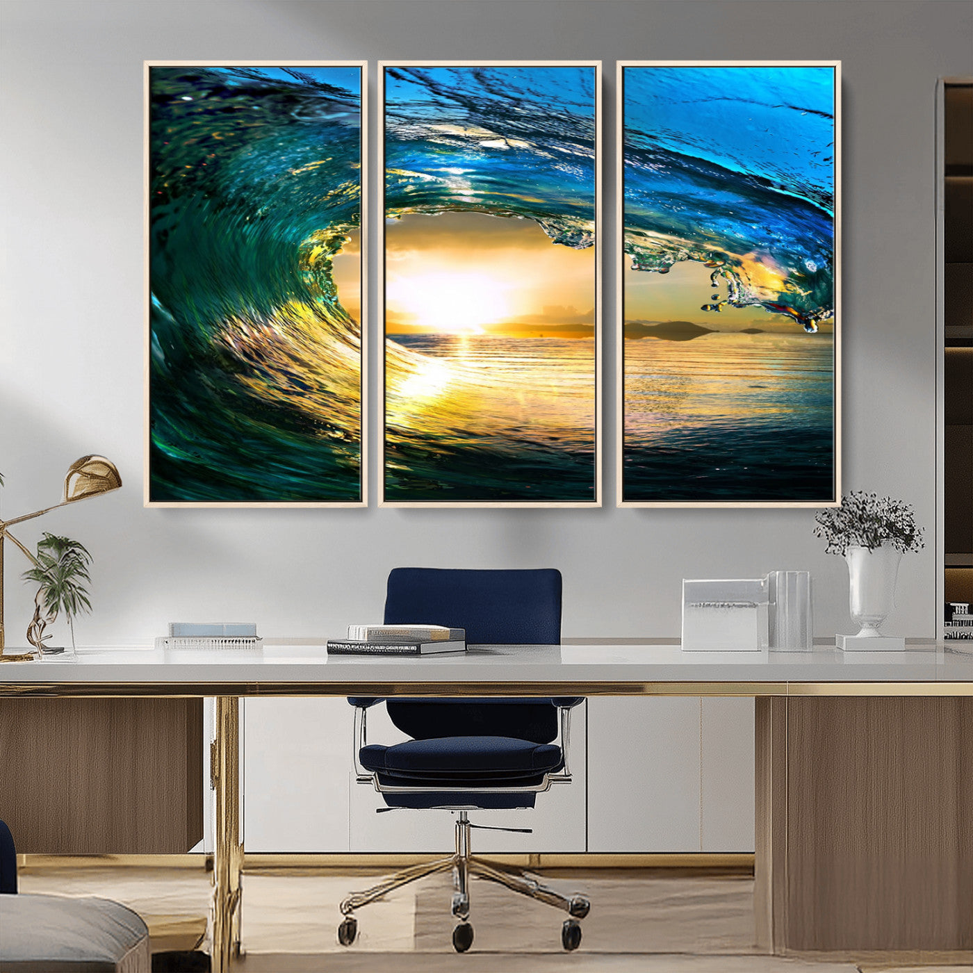 MGV-FC-48X32-3P - Ocean Wave at Sunset Canvas Art, Large Wall Print of Vibrant Water Waves, Coastal Art for Living Room and Dining Room