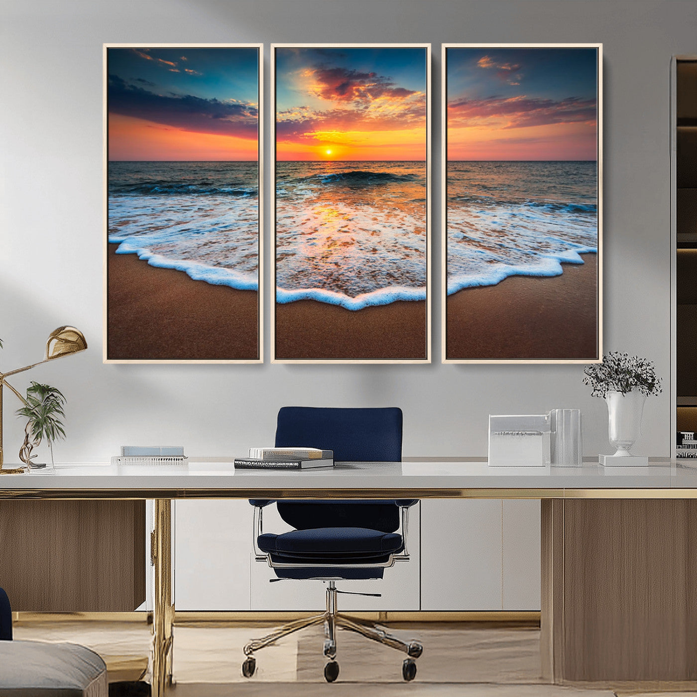 MGV-FC-48X32-3P - Sunset Beach Canvas Wall Art – Colorful Ocean Waves Triptych – Coastal Decor for Living Room or Bedroom – Framed and Ready to Hang