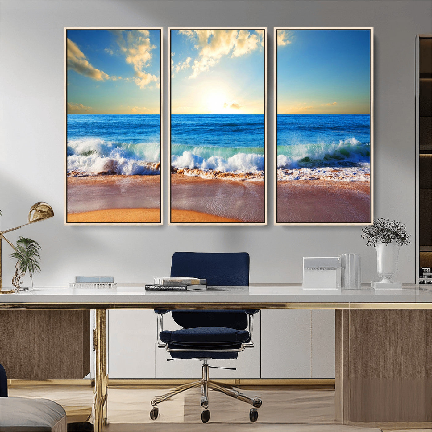 MGV-FC-48X32-3P - Tropical Beach Sunset Canvas Art, Ocean Waves and Sandy Shoreline Wall Art, Large Beach Decor for Coastal Homes