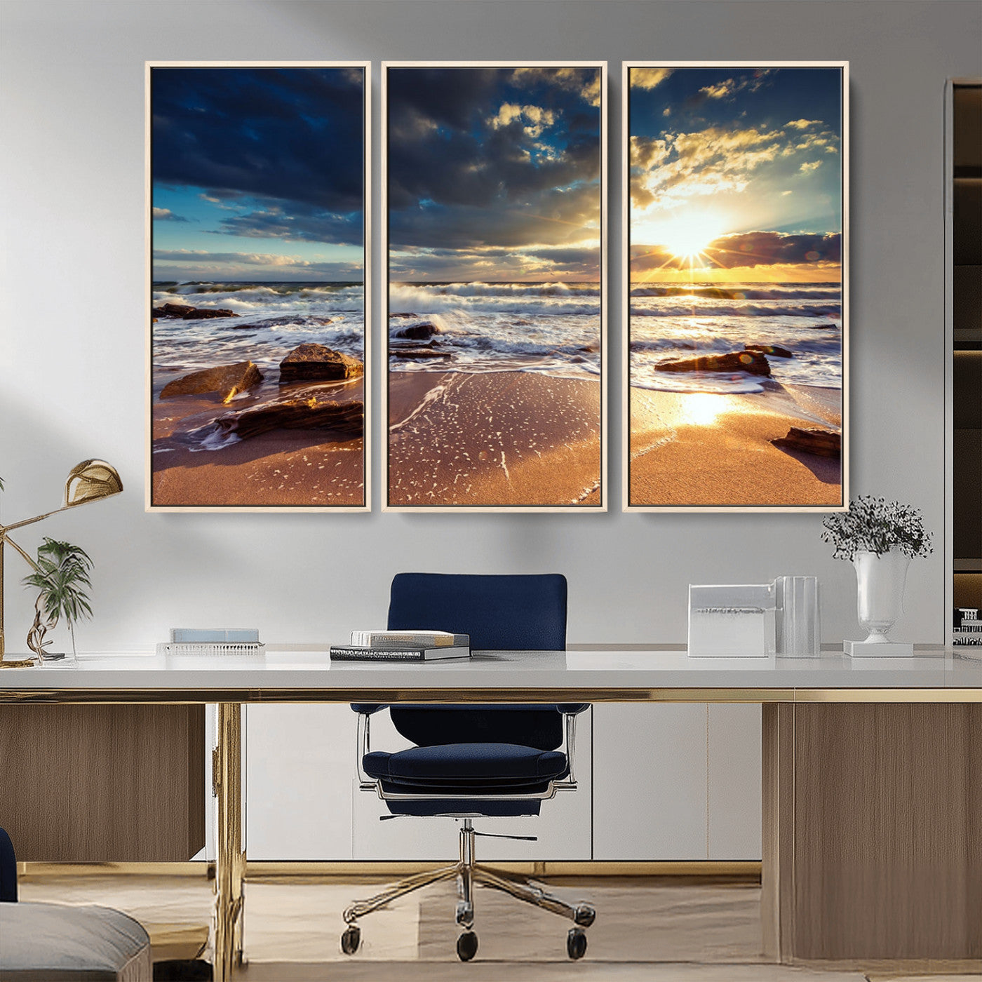 MGV-FC-48X32-3P - Golden Hour Beach Sunset Canvas Triptych, Ocean Waves and Rocks Wall Art for Coastal Home Decor