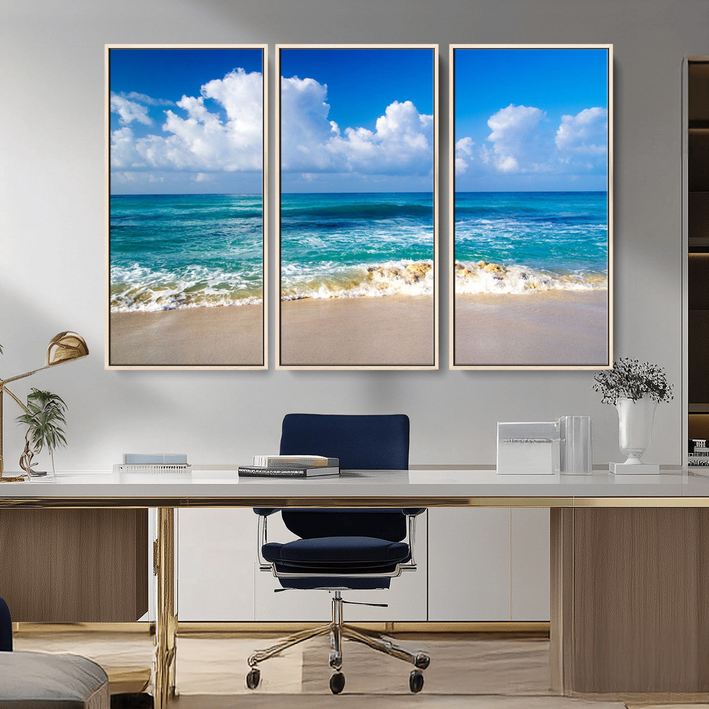 MGV-FC-48X32-3P - Tropical Beach 3-Panel Canvas Wall Art – Serene Ocean Waves and Blue Sky – Giclée Print for Living Room, Office, or Bedroom Coastal Decor