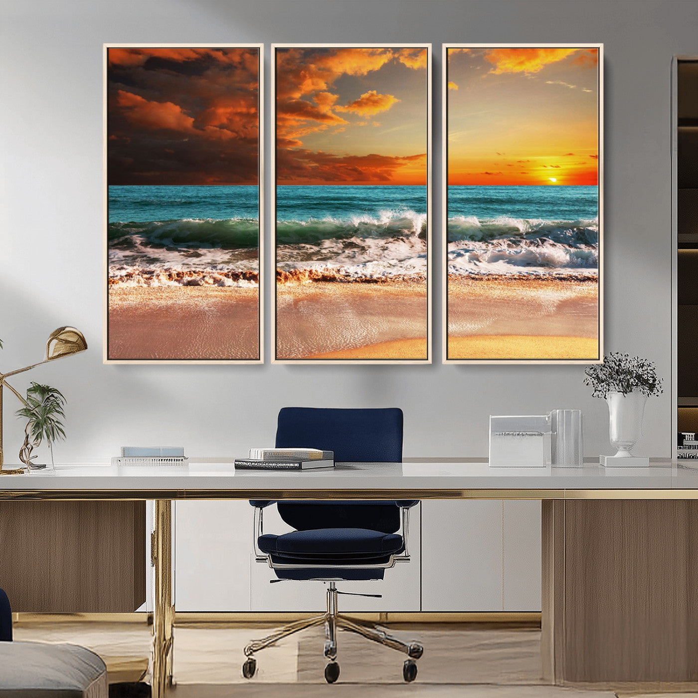 MGV-FC-48X32-3P - Golden Sunset Beach Canvas Wall Art – Triptych Seascape Print – Framed and Ready to Hang for Living Room or Office