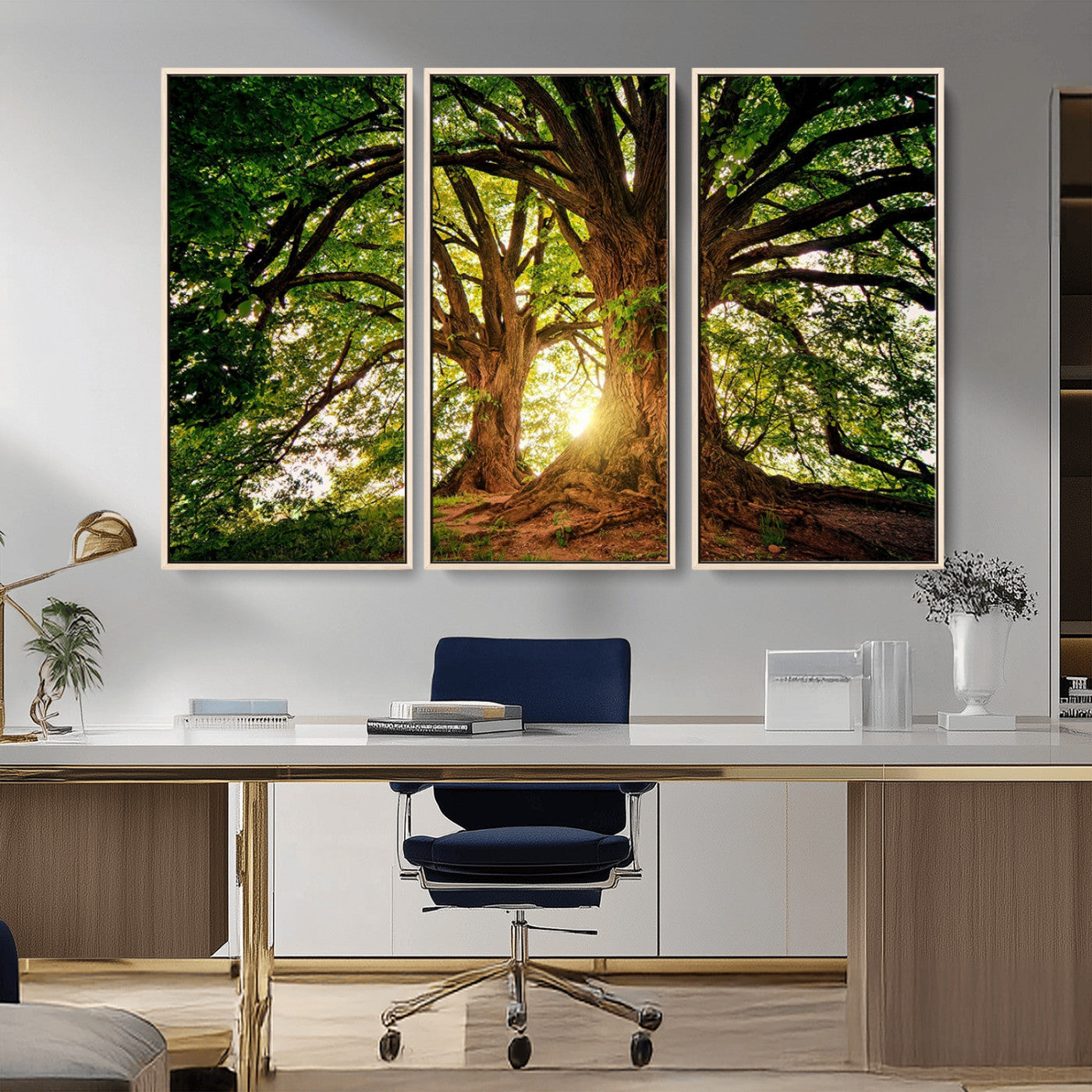MGV-FC-48X32-3P - Majestic Ancient Tree Wall Art, Nature-Inspired Canvas Print, Woodland Art, Tree of Life Artwork, Sunlit Forest, Giclee Nature Print