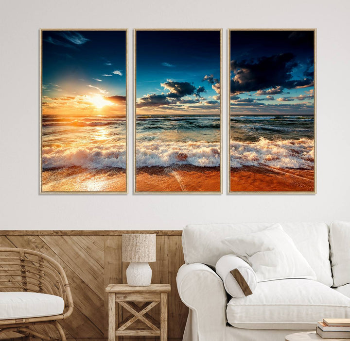 Golden Hour Sunset Over Ocean Waves Canvas: 3-Panel Coastal Landscape Art with Stunning Beach Photography Print.