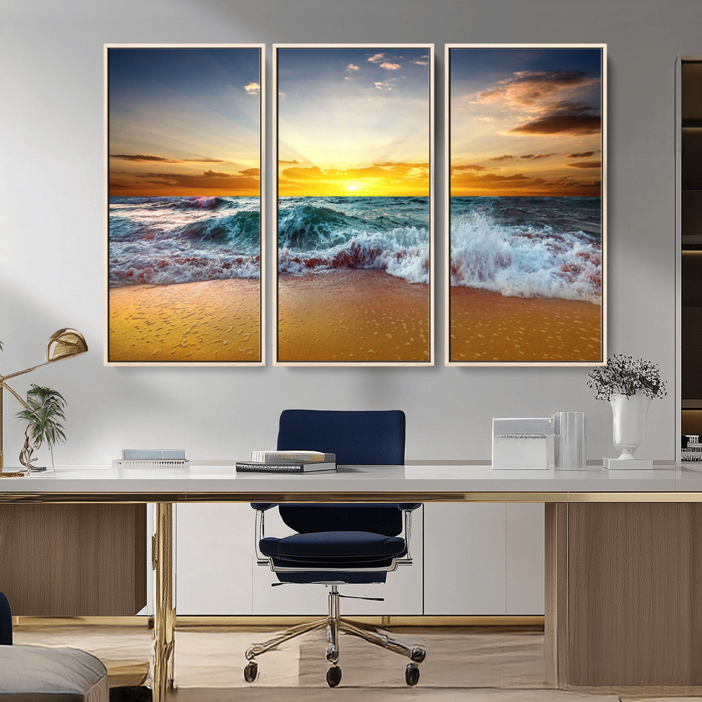MGV-FC-48X32-3P - Golden Sunset Ocean Waves Wall Art Canvas Print – Multi Panel Beach Canvas Print Set – Large Coastal Triptych Print for Home or Farmhouse Decor