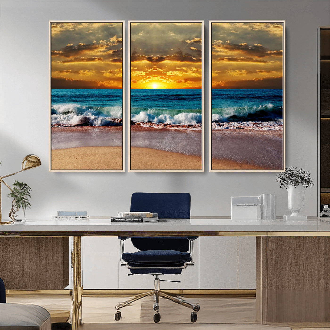 MGV-FC-48X32-3P - Ocean Sunrise Over Golden Beach Waves, Giclee Canvas Wall Art Set, High-Quality Stretched Canvas Print, Ready to Hang Coastal Sunset Wall Decor