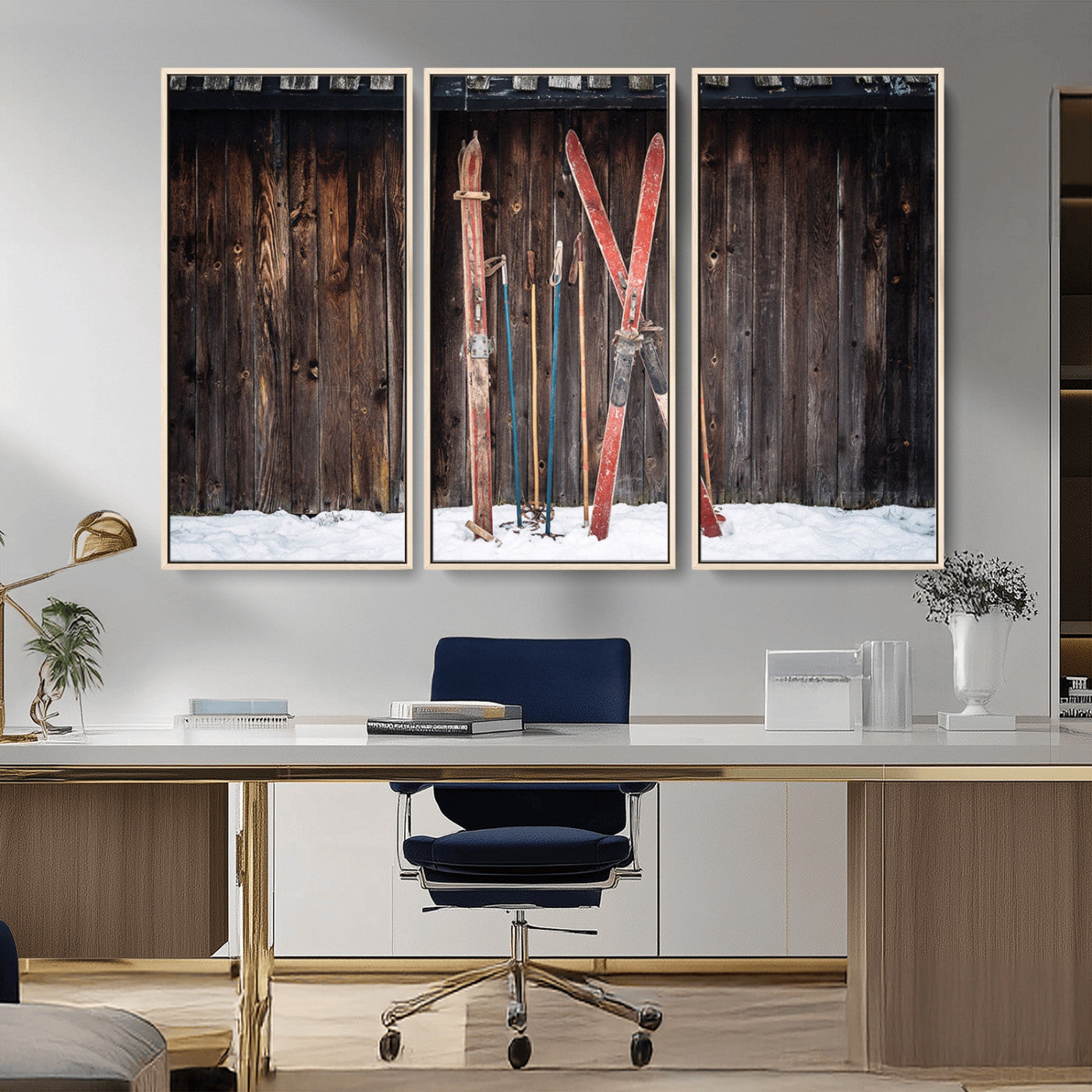 MGV-FC-48X32-3P - Vintage Ski Gear Against Wooden Cabin Wall, Rustic Winter Sports Equipment Canvas Print, Ready to Hang Wall Art, Perfect for Lodge or Ski Cabin Decor