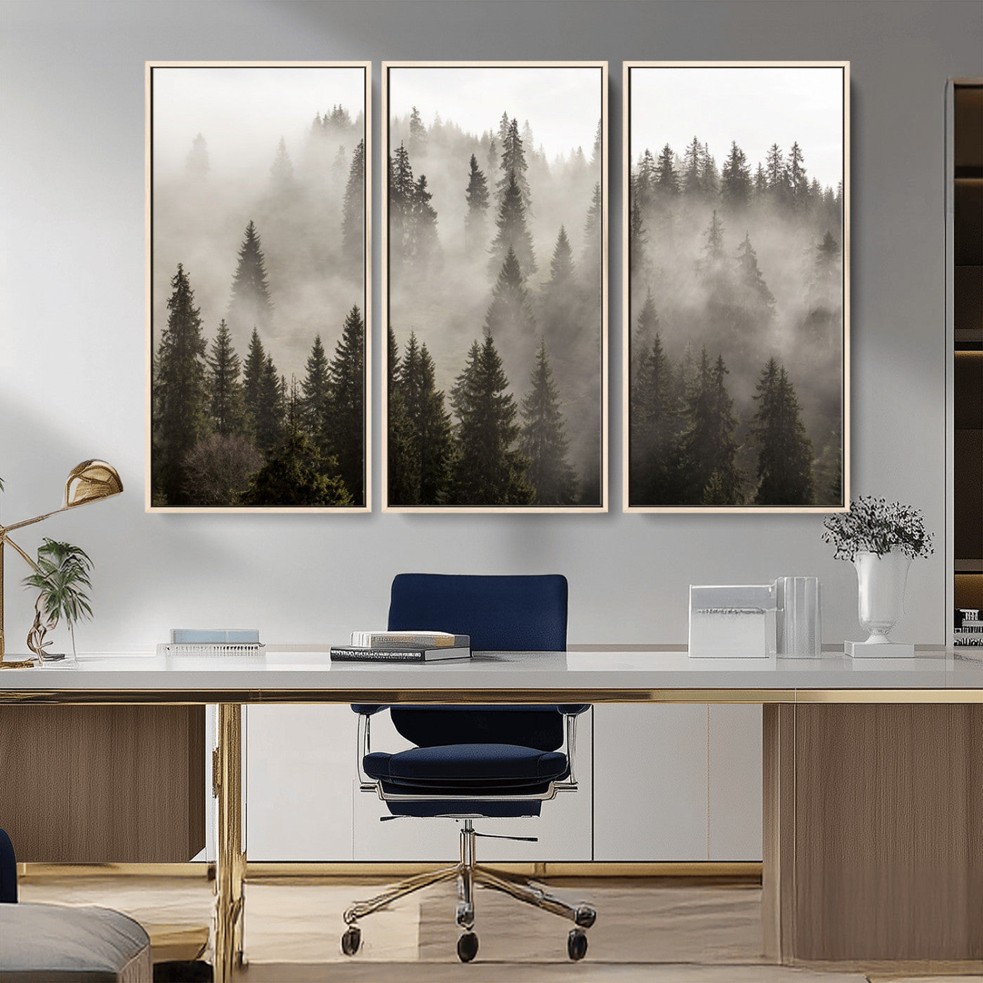 MGV-FC-48X32-3P - Foggy Mountain Wall Art | 3-Panel Foggy Forest and Mountain Landscape | Large Giclee Print for