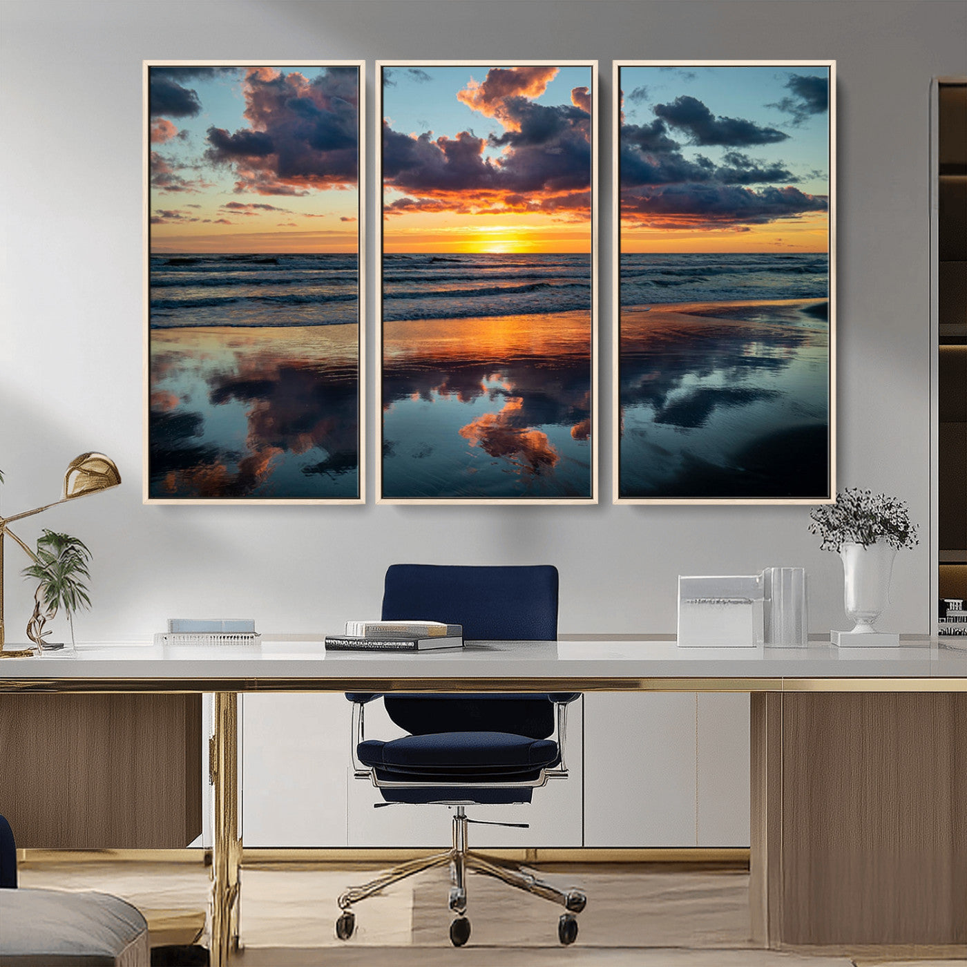 MGV-FC-48X32-3P - Beach Sunset Print - Stunning Ocean Canvas Artwork with Sunset Reflection Design for Elegant Home or