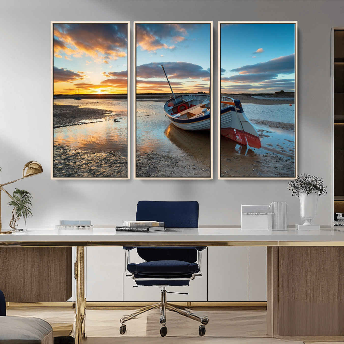 MGV-FC-48X32-3P - Small Boat At The Beach Sunset Wall Art, Boat Sunset Wall Art Canvas Print