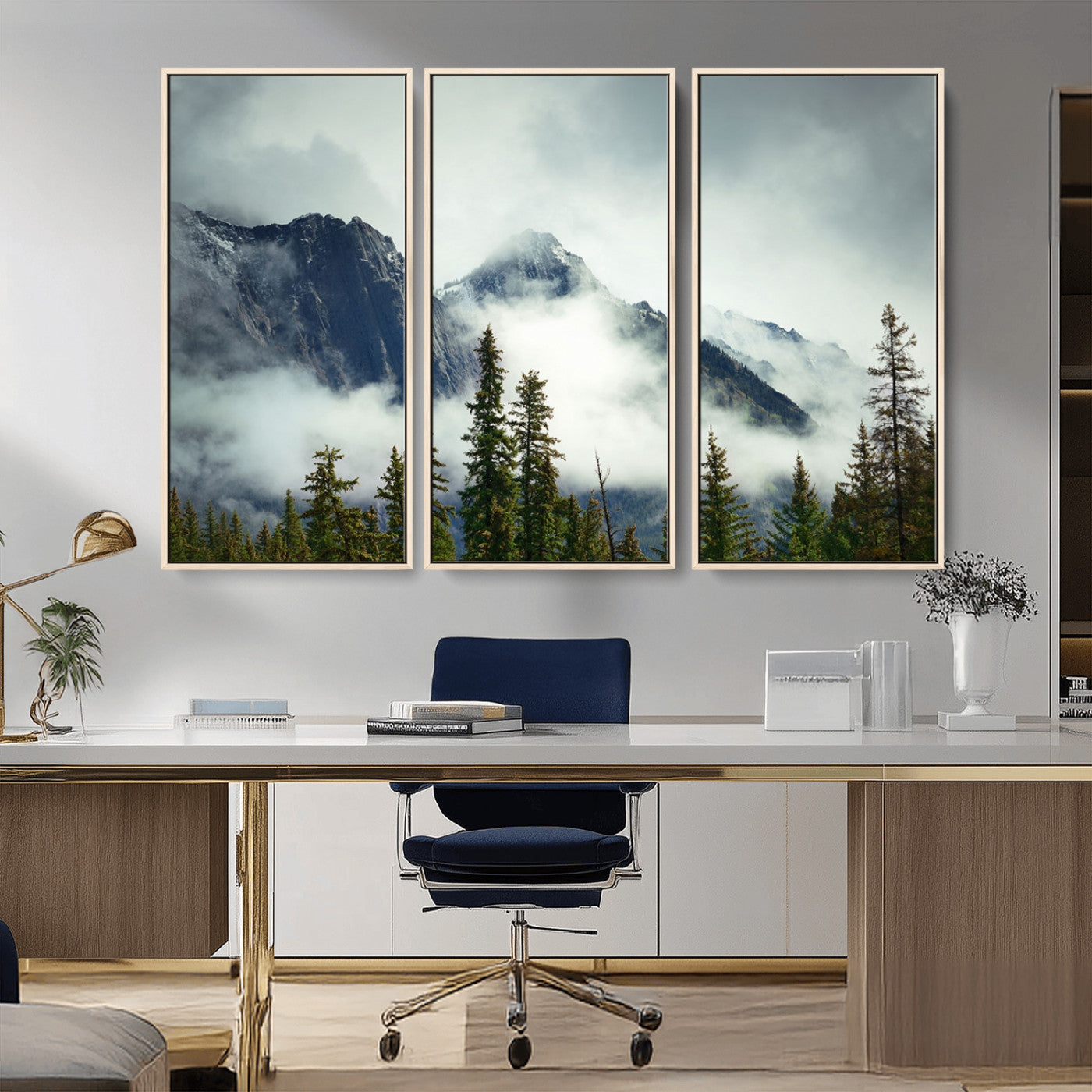MGV-FC-48X32-3P - Mountain Mist Canvas Wall Art | 3-Panel Foggy Forest and Mountain Landscape | Large Giclee Print for Living Room, Office, or Cabin, Farmhouse Decor