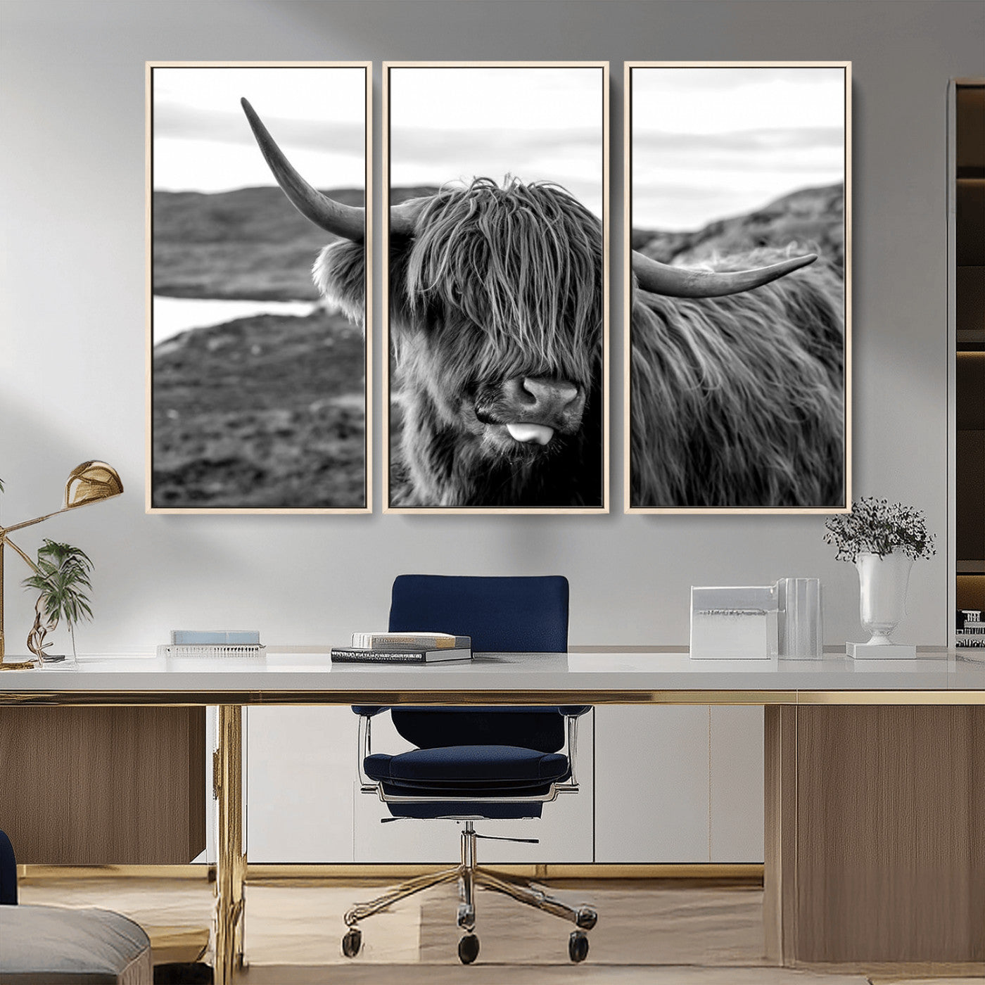 MGV-FC-48X32-3P - Highland Cow Canvas Wall Art – Black and White Animal Portrait – Framed and Ready to Hang Rustic Farmhouse Decor for Living Room or Office