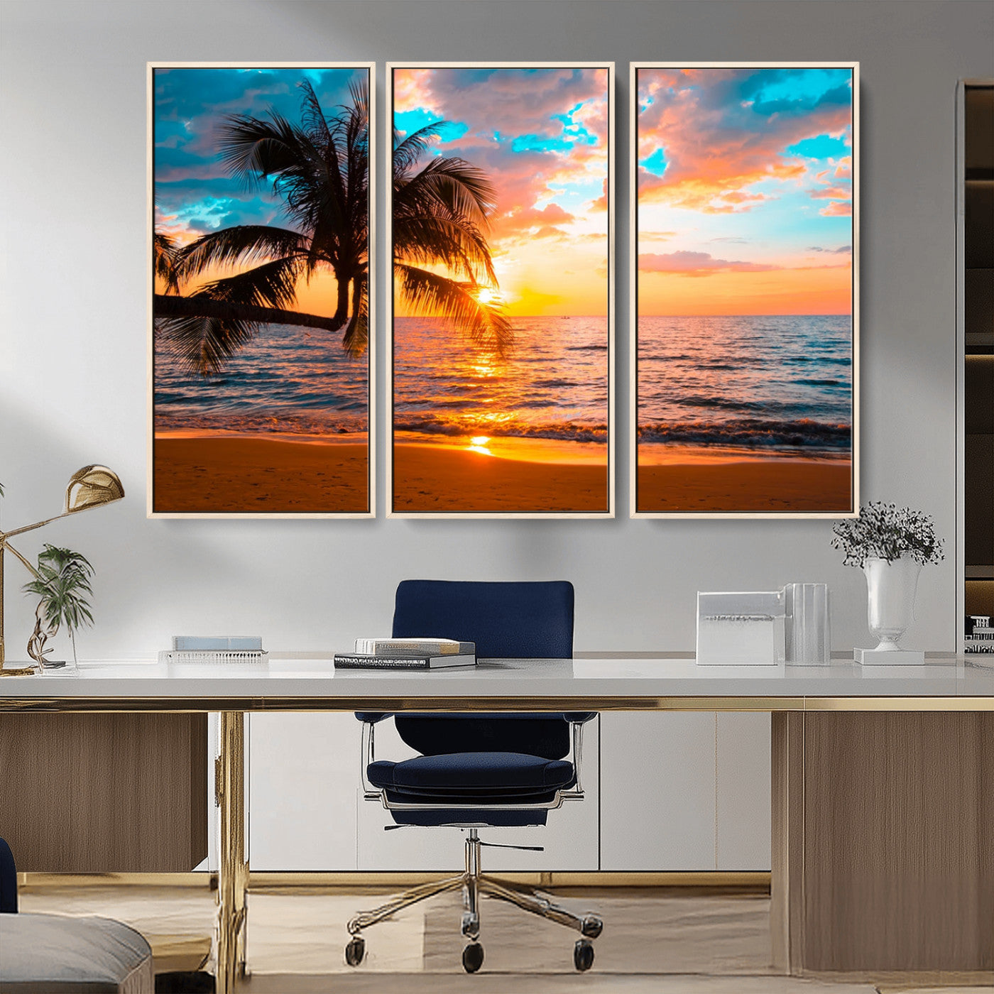 -Palm Tree Sunset On The Beach Wall Art Canvas, Framed Palm Tree Sunset Canvas Print