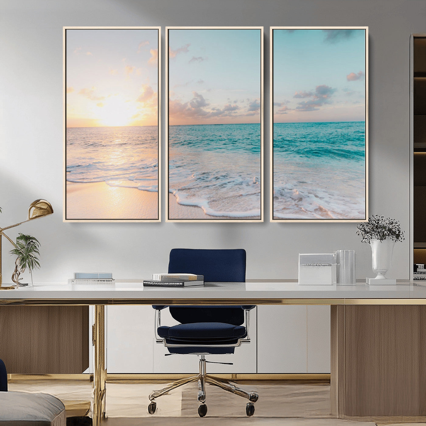 MGV-FC-48X32-3P - Tranquil Ocean Beach Sunset Canvas Wall Art | 3-Panel Coastal Decor