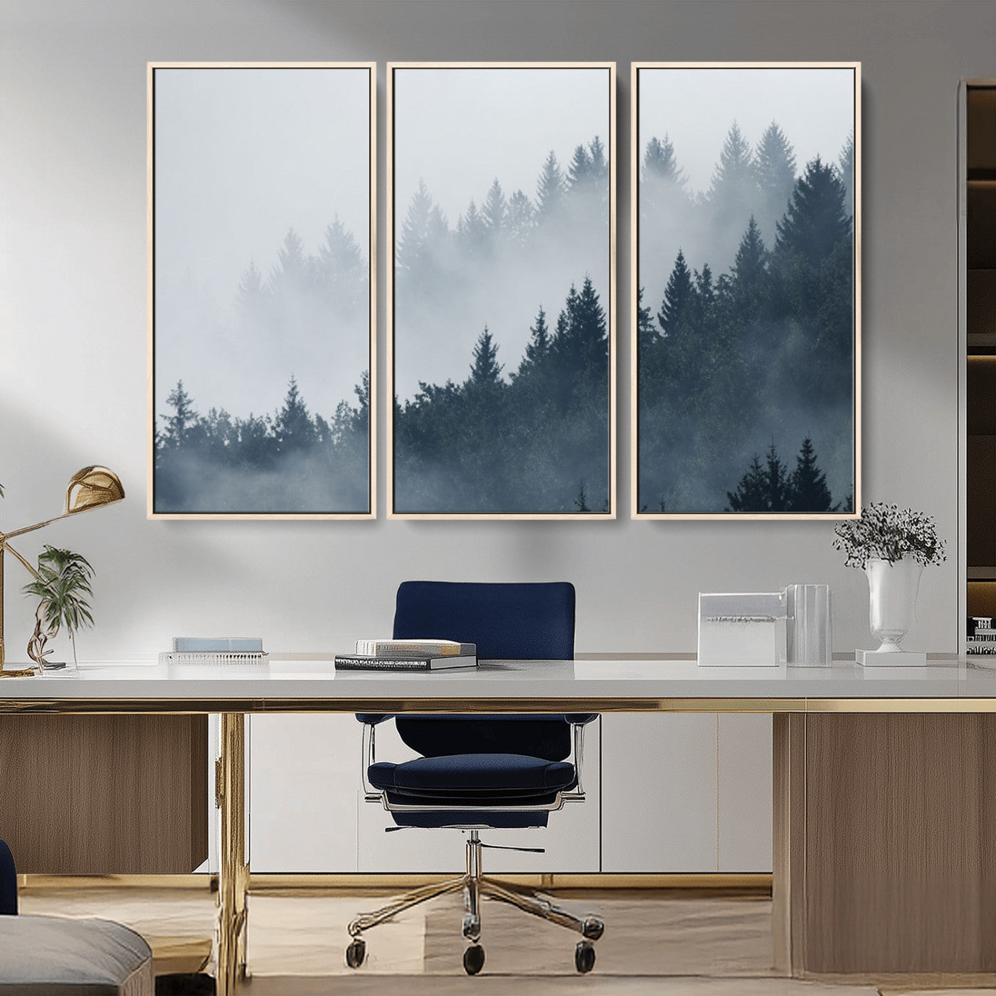MGV-FC-48X32-3P - Misty Forest Wall Art Print – Foggy Pine Tree Canvas Print – Dark Woodland Nature Artwork – Perfect for Minimalist and Modern Home Decor