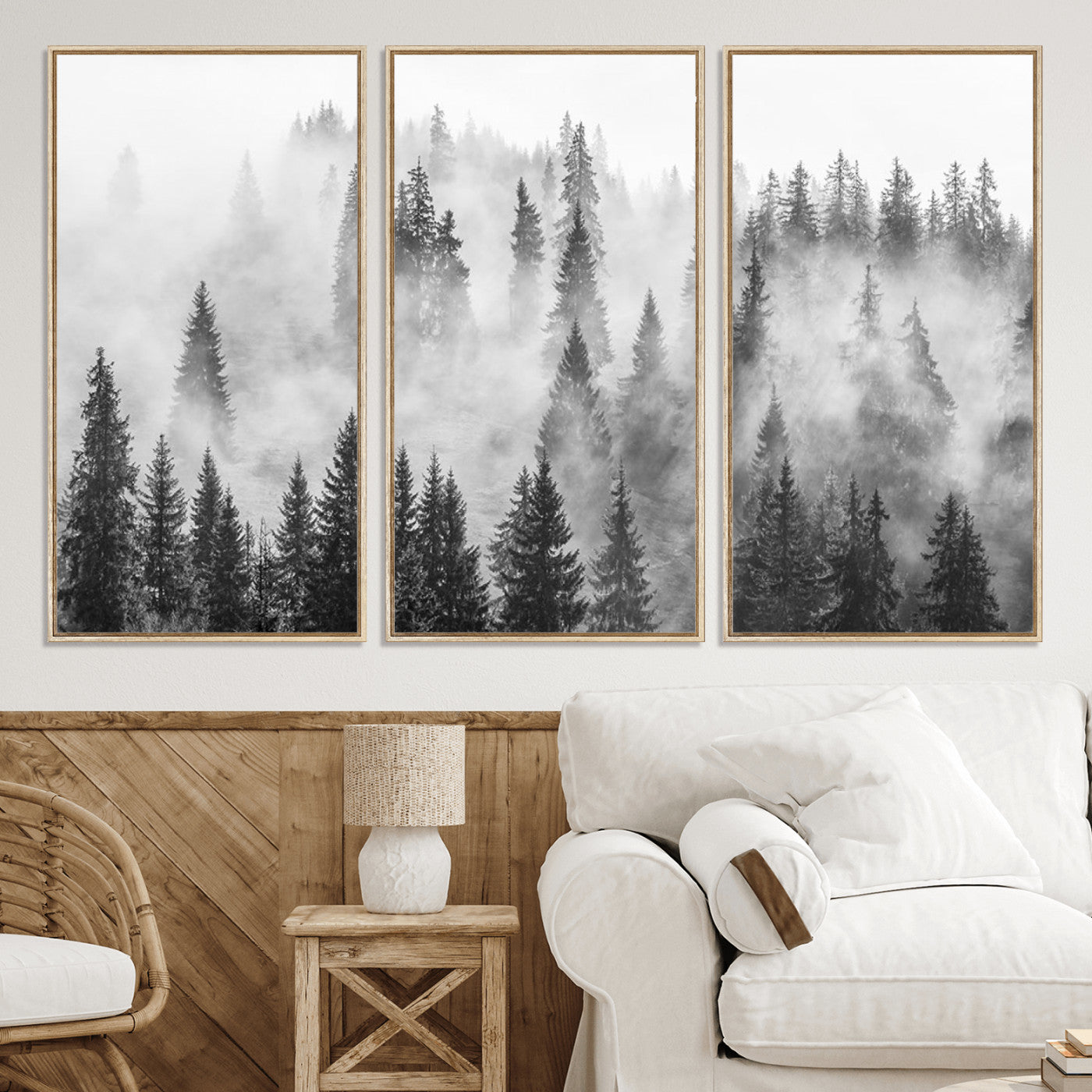 10422-MGV-CV-36X24-Forest Wall Art Print | Foggy Pine Forest Canvas Wall Art - Black and White Nature Decor for Living Room