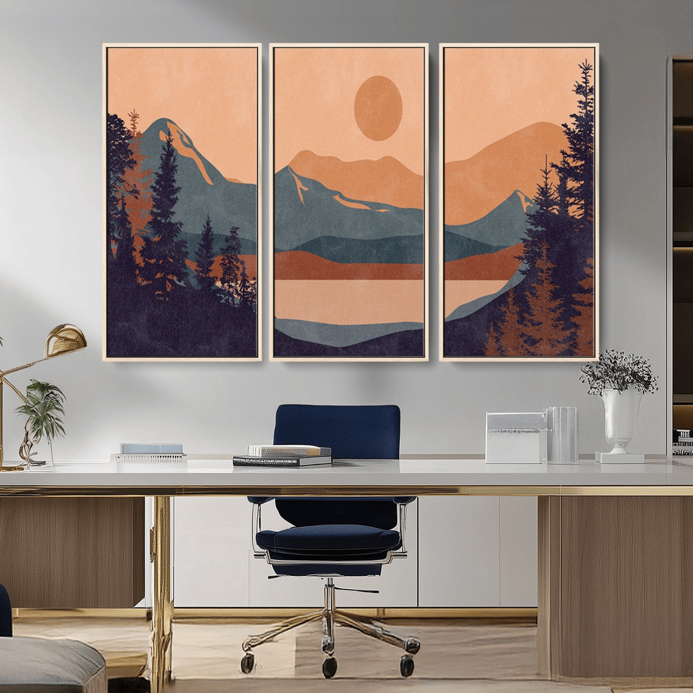 MGV-FC-48X32-3P - Modern Boho Sunset Canvas Print, Mountain Landscape Triptych – Giclée Canvas Art Print for Living
