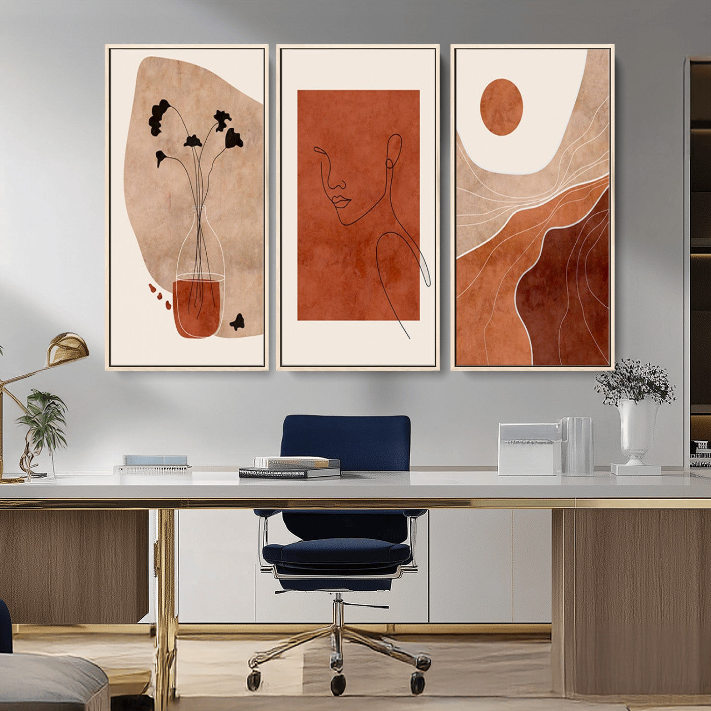 MGV-FC-48X32-3P - Boho Sunset Mountain Canvas Print, Modern Boho Sunset Mountain Landscape Triptych – Giclée Canvas