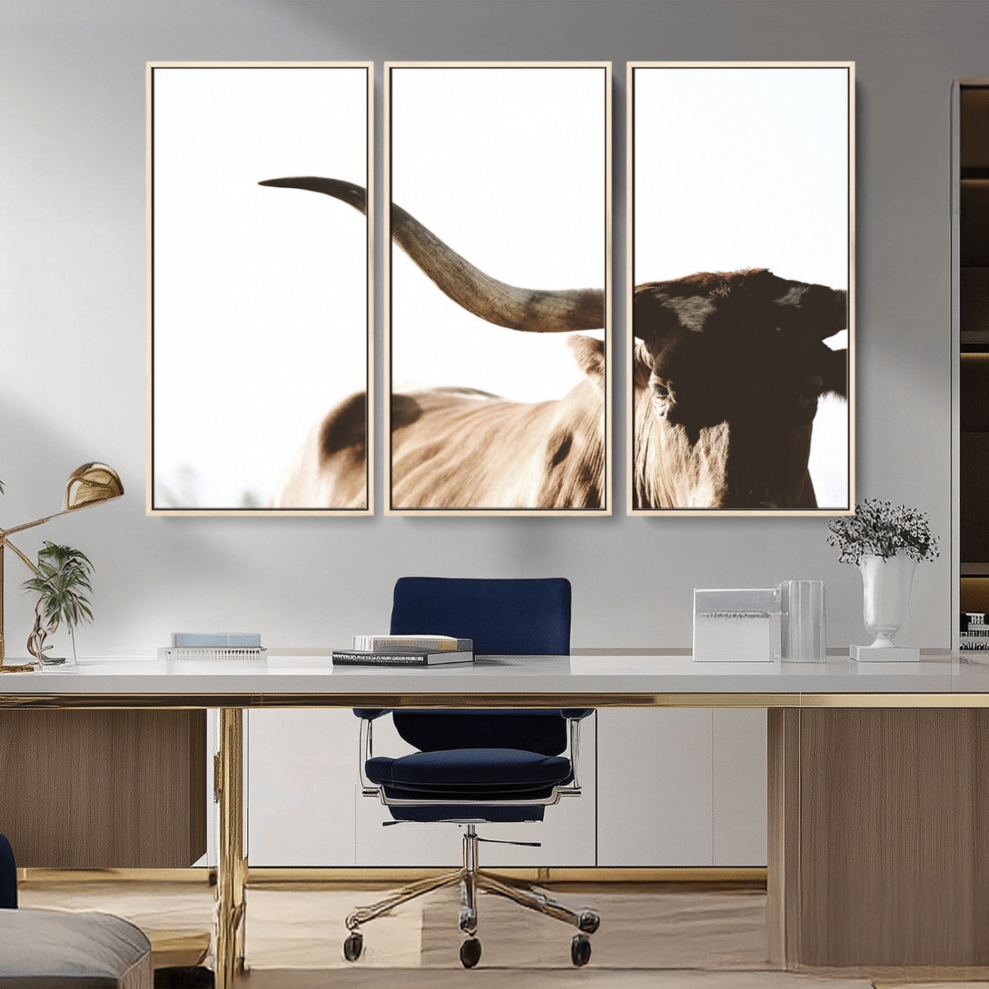 MGV-FC-48X32-3P - Texas Longhorn Wall Art Canvas Print | 3-Panel Large Longhorn Canvas Print for Living Room, Framed Gallery Wrap Office, Rustic Western Cowboy Decor