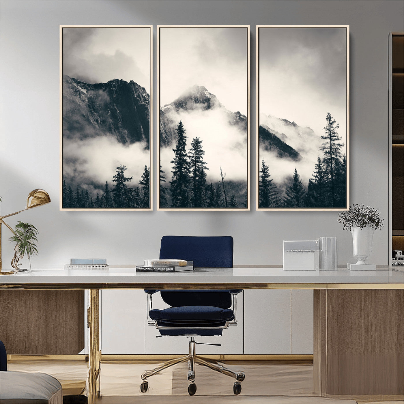 MGV-FC-48X32-3P - Large Foggy Mountain Forest Wall Art Canvas Print | Misty Mountain Peaks and Pine Trees Print | Framed Gallery Wrap | Rustic Nature Farmhouse Decor