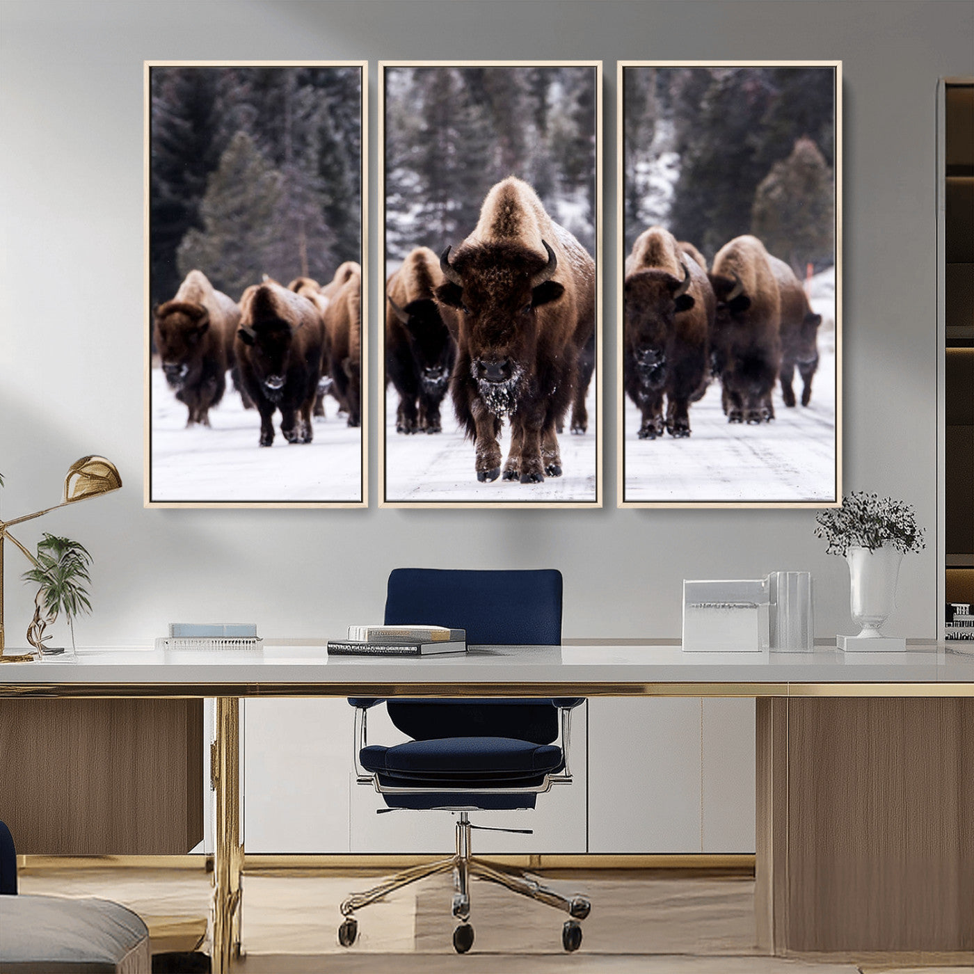 MGV-FC-48X32-3P - Bison Wall Art Canvas Print- Bison Herd Canvas Wall Art – Majestic Wildlife Photography – Framed and Ready to Hang Nature-Inspired Art - Buffalo Wall Art Print