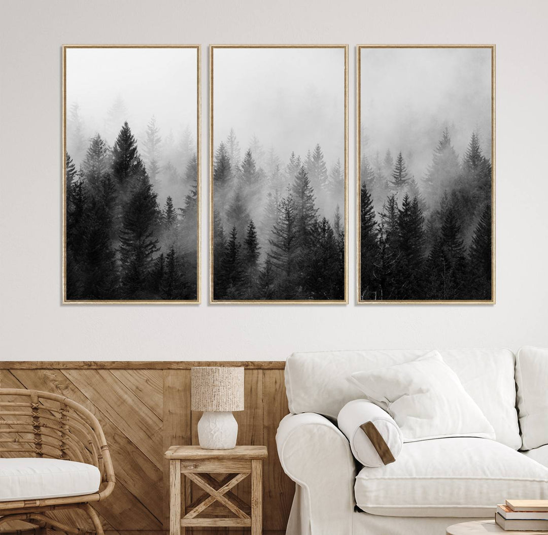 Fogy Forest Canvas Art features misty pines and a mountain landscape.