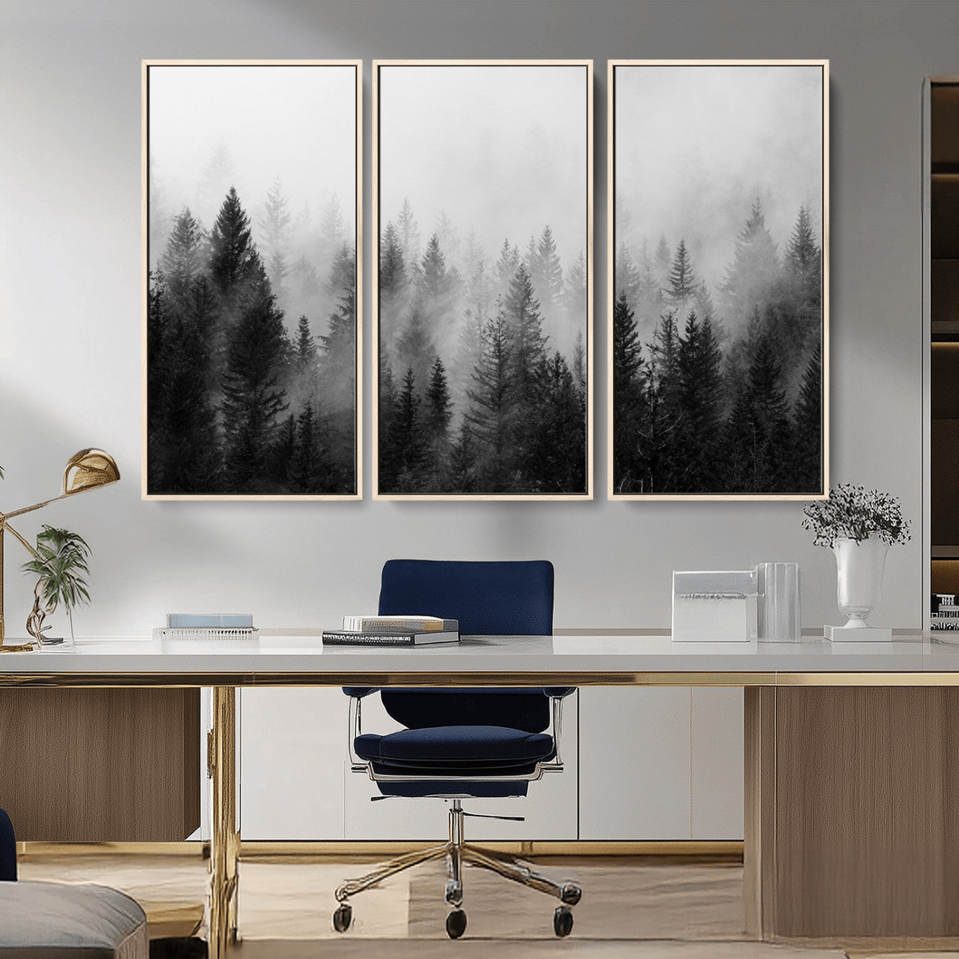 MGV-FC-48X32-3P - Foggy Black and White Forest Wall Art, 3 Panel Misty Pine Trees Canvas Print for Living Room, Office, or Bedroom, Nature-Inspired Woodland Wall Decor