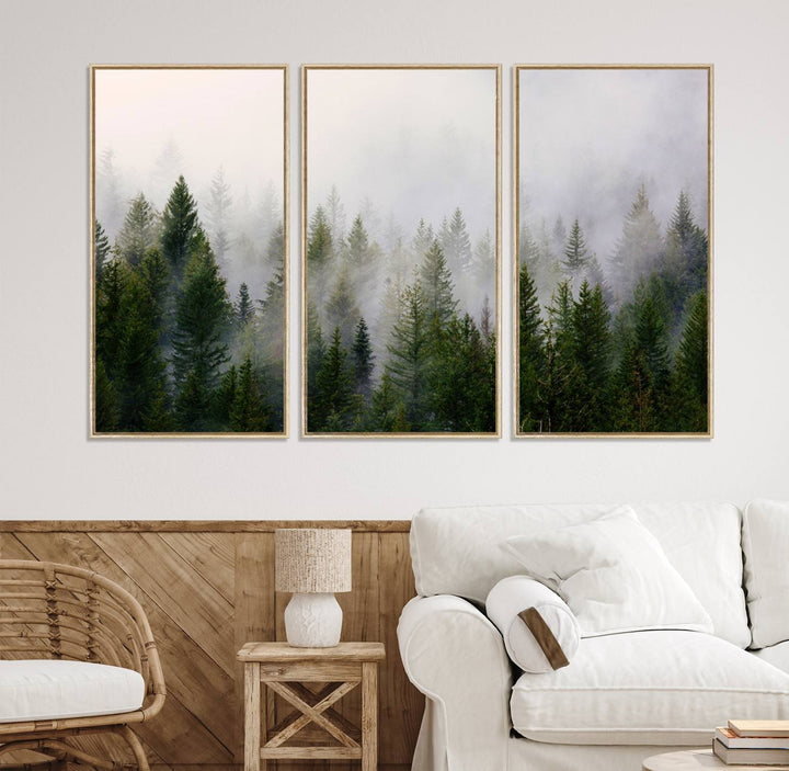 A serene, foggy evergreen forest creates a mysterious atmosphere, ideal for premium canvas wall art.