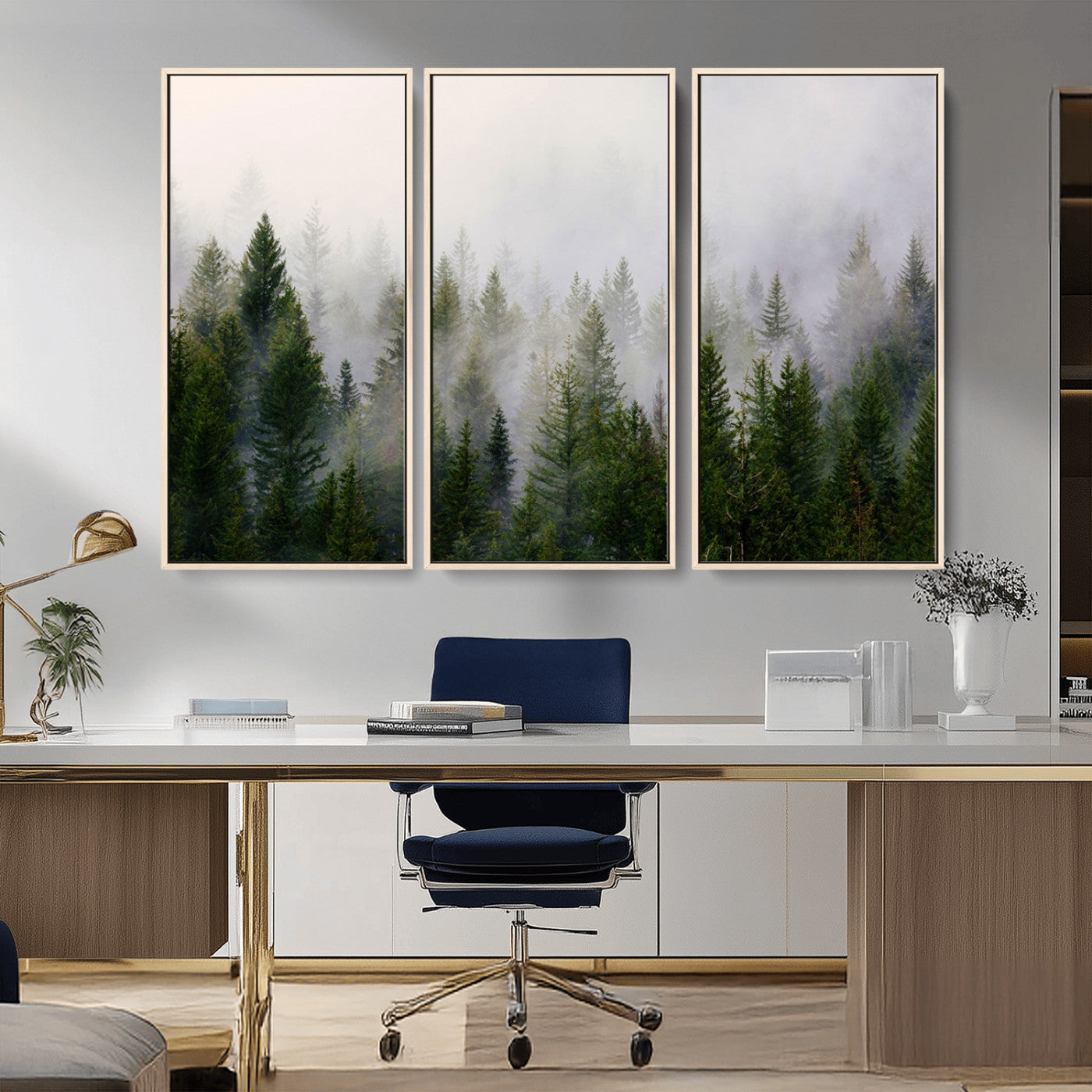 MGV-FC-48X32-3P - Misty Pine Forest Wall Art Canvas Print | 3 Panel Green Woodland Canvas Print for Living Room, Office, or Dining Room | Nature Foggy Forest Decor