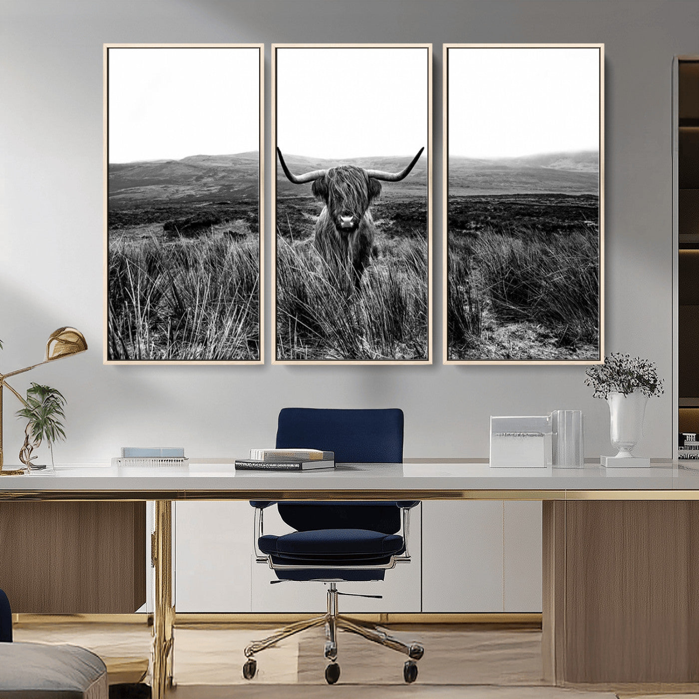 MGV-FC-48X32-3P - Black and White Highland Cow Canvas Wall Art, Longhorn Triptych Western Wall Decor for Cabin -