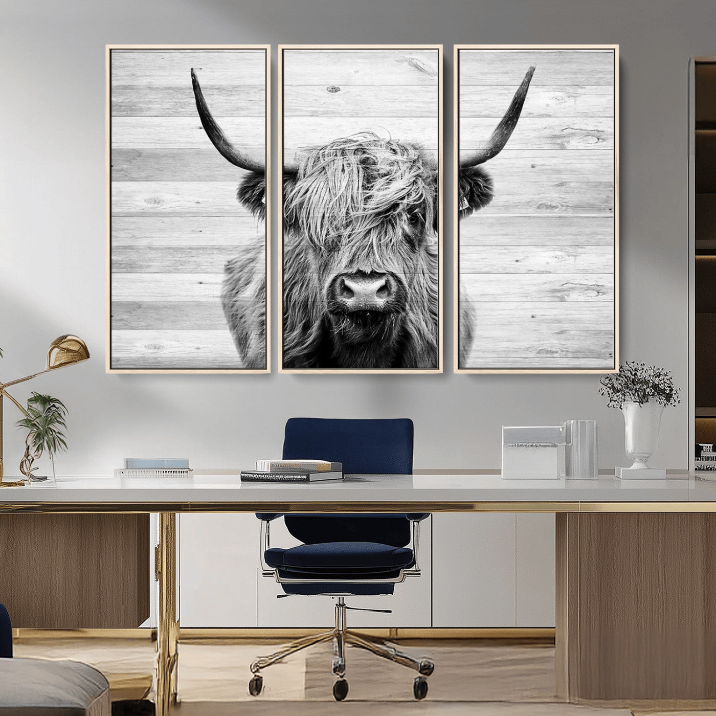 MGV-FC-48X32-3P - Scottish Highland Cow Cattle Art Print on Wood Background Style