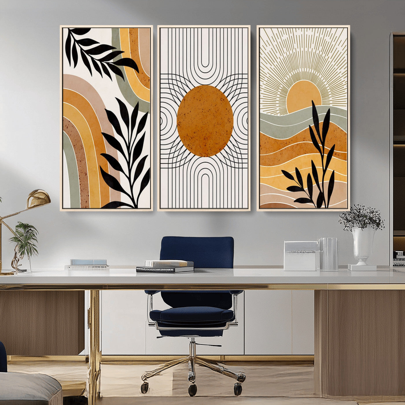 MGV-FC-48X32-3P - Modern Boho Sun and Leaf Abstract Art – 3-Panel Giclée Canvas for Mid-Century Modern or Bohemian