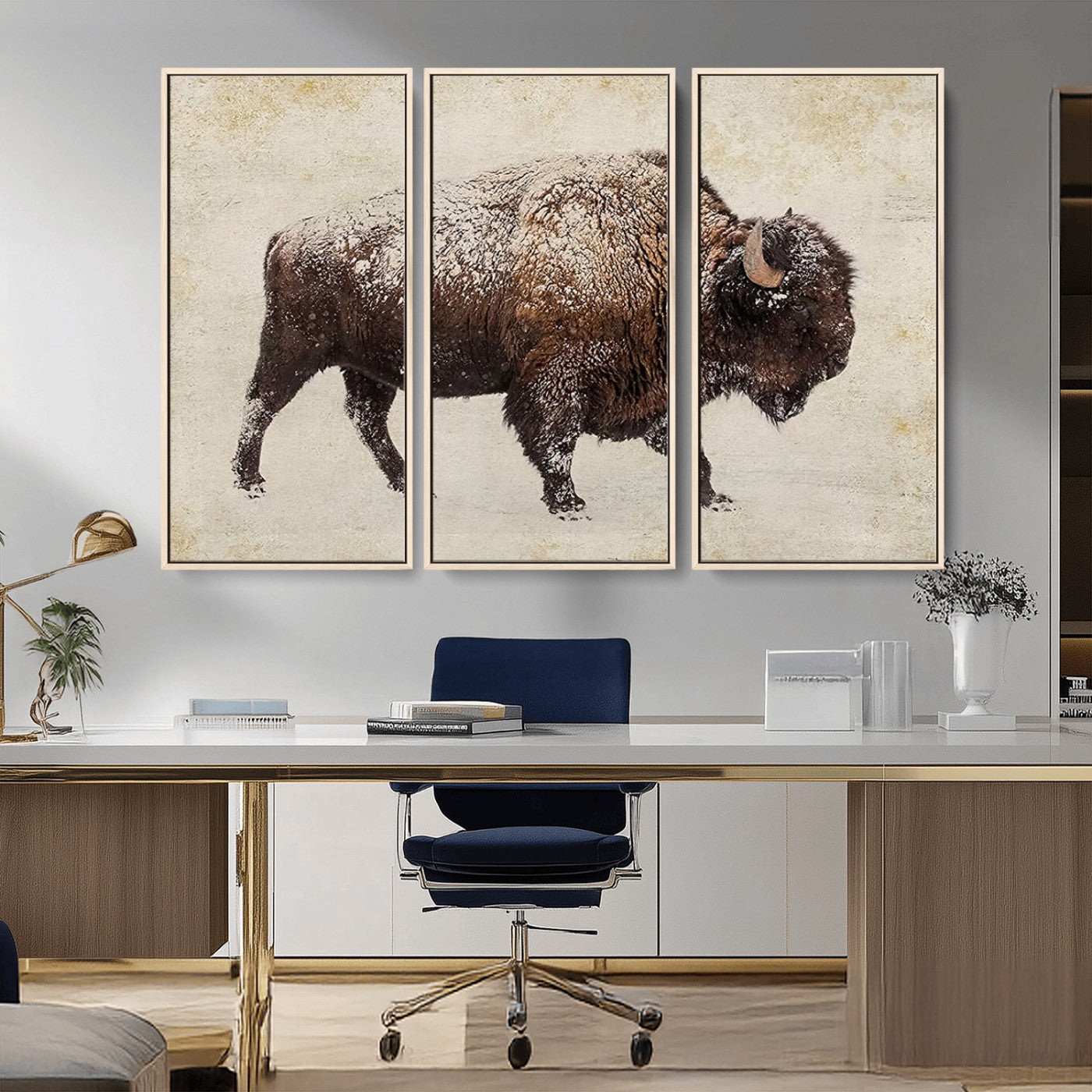 MGV-FC-48X32-3P - Buffalo Wall Art, Western Bison Canvas Print, Rustic Buffalo Art for Cowboy Western Decor, Large Multi-Panel Giclee Canvas for Farmhouse Wall Decor