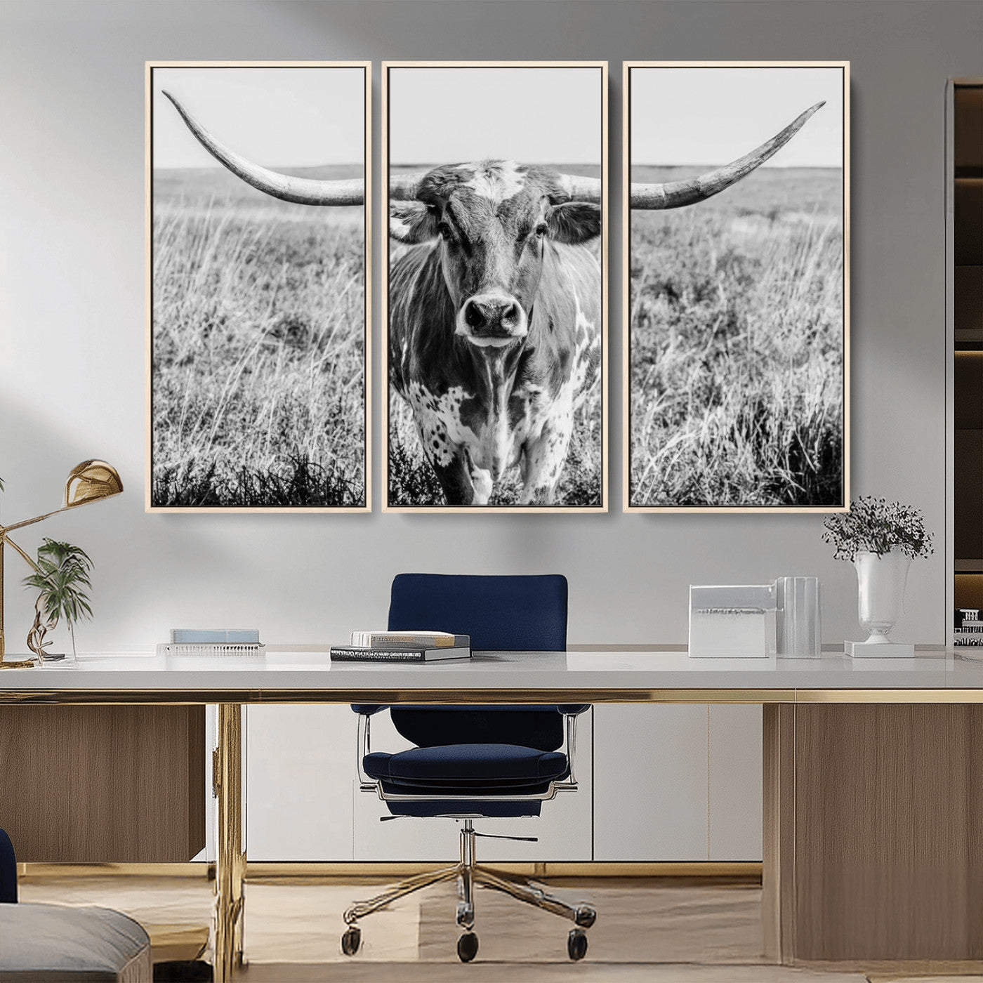 MGV-FC-48X32-3P - Texas Cow Longhorn Wall Art Canvas Print for Farm House Wall Decor, Farmhouse Wall Art Print