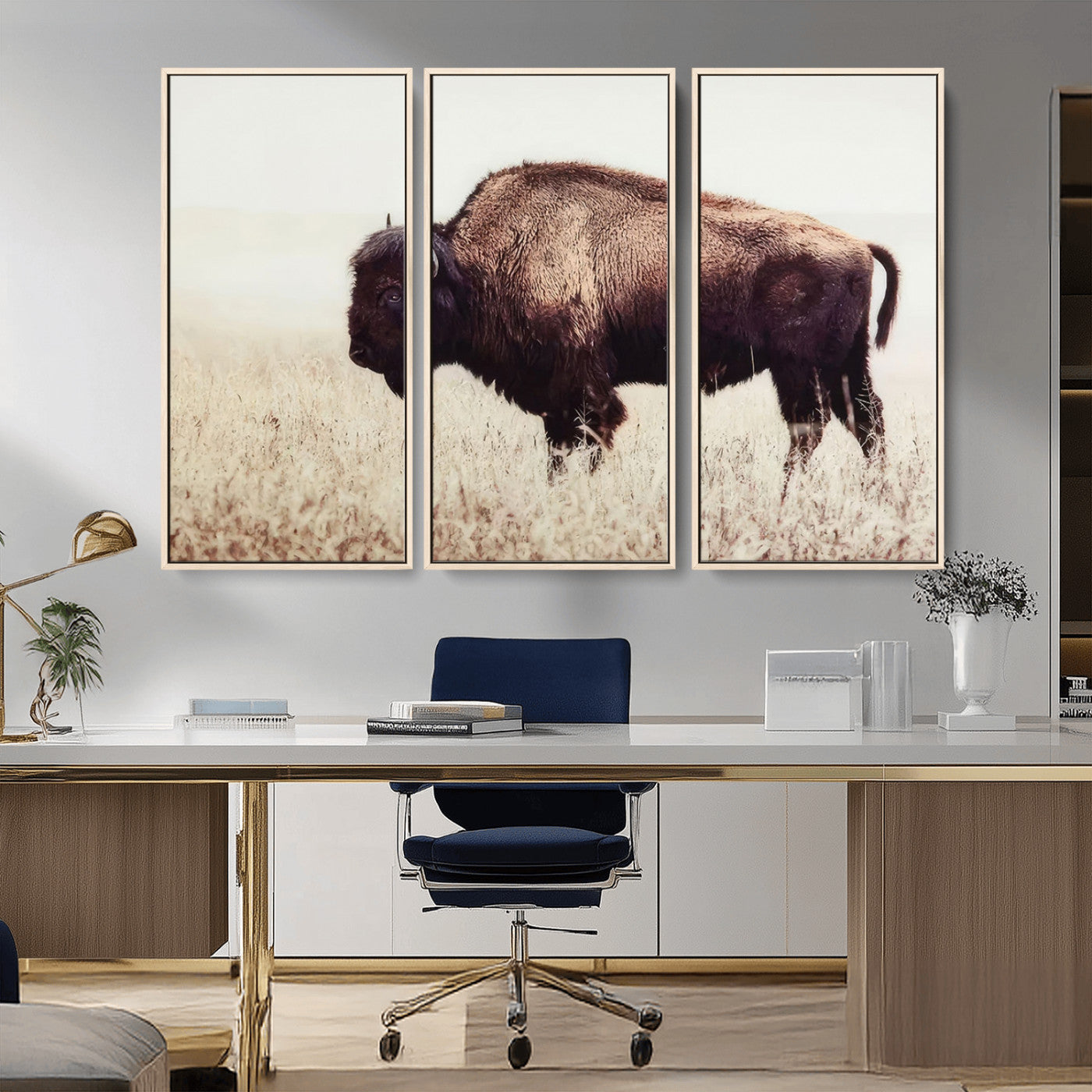 MGV-FC-48X32-3P - Bison in Field Wall Art Canvas Print For Farmhouse Barn Decor