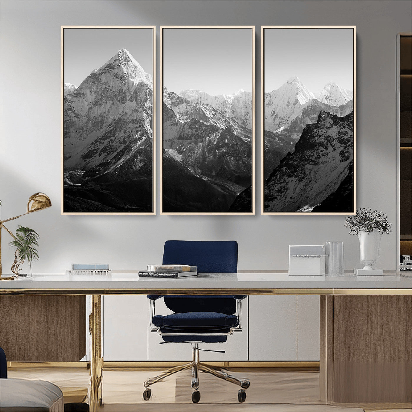MGV-FC-48X32-3P - Everest Himalaya Mountain Peaks Black & White Triptych Canvas Art – Mountain Wall Decor for Minimalist Interiors